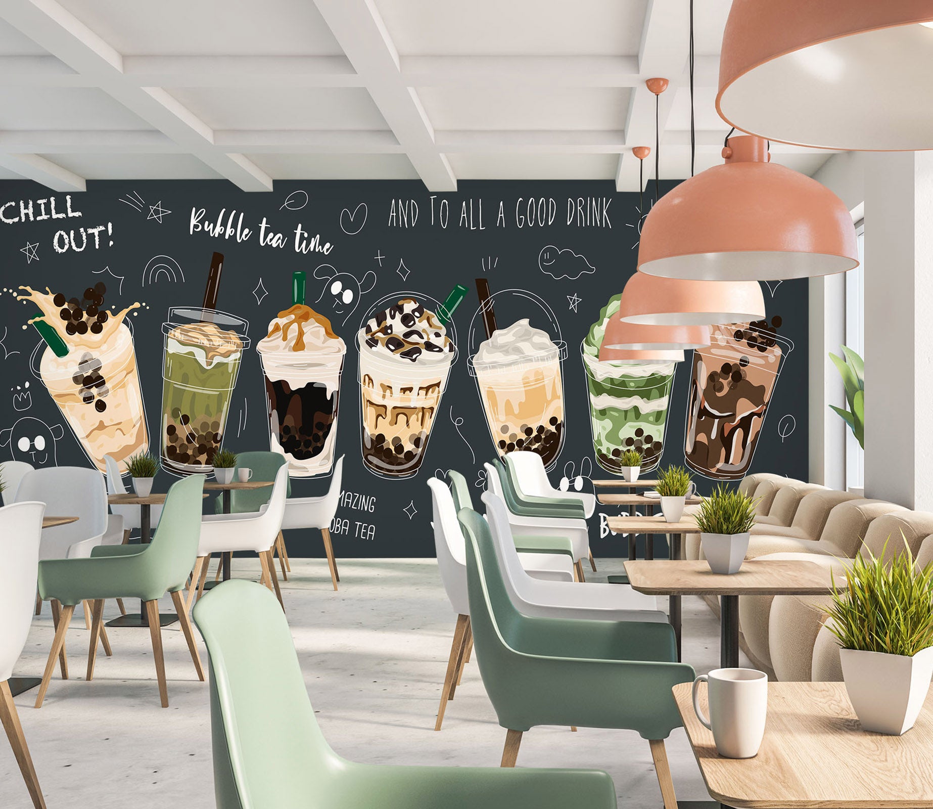 3D Pearl Tea 2058 Fruit Bubble Tea Milk Tea Shop Wall Murals