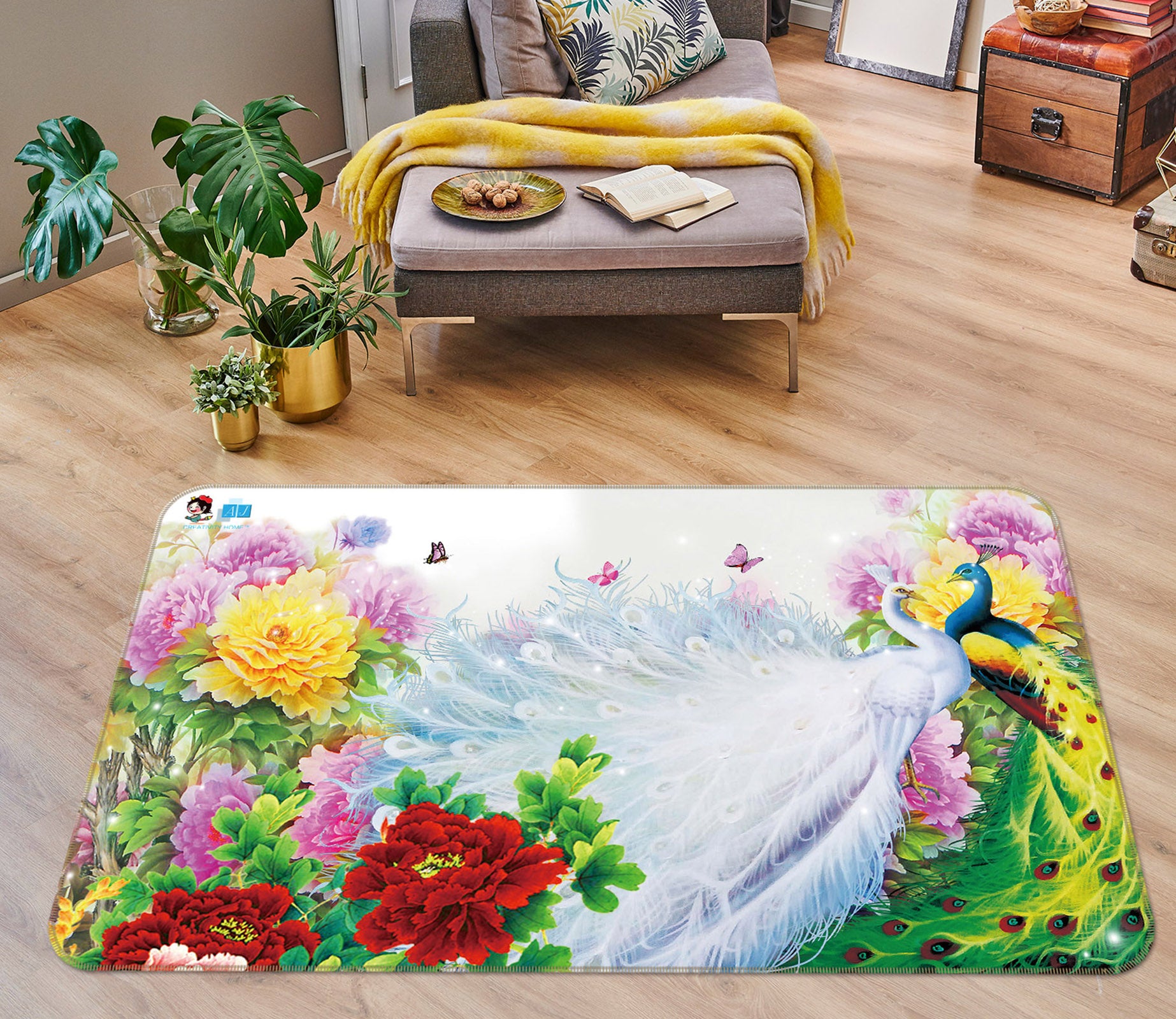 3D Peacock Peony 3032 Rug Non Slip Rug Mat