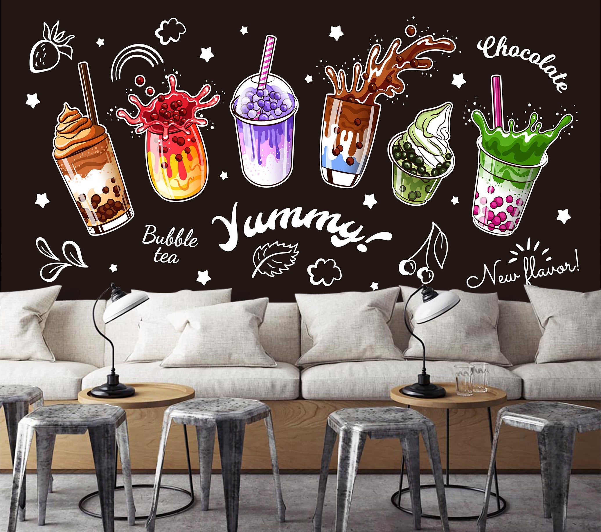 3D Pearl Tea 2082 Fruit Bubble Tea Milk Tea Shop Wall Murals