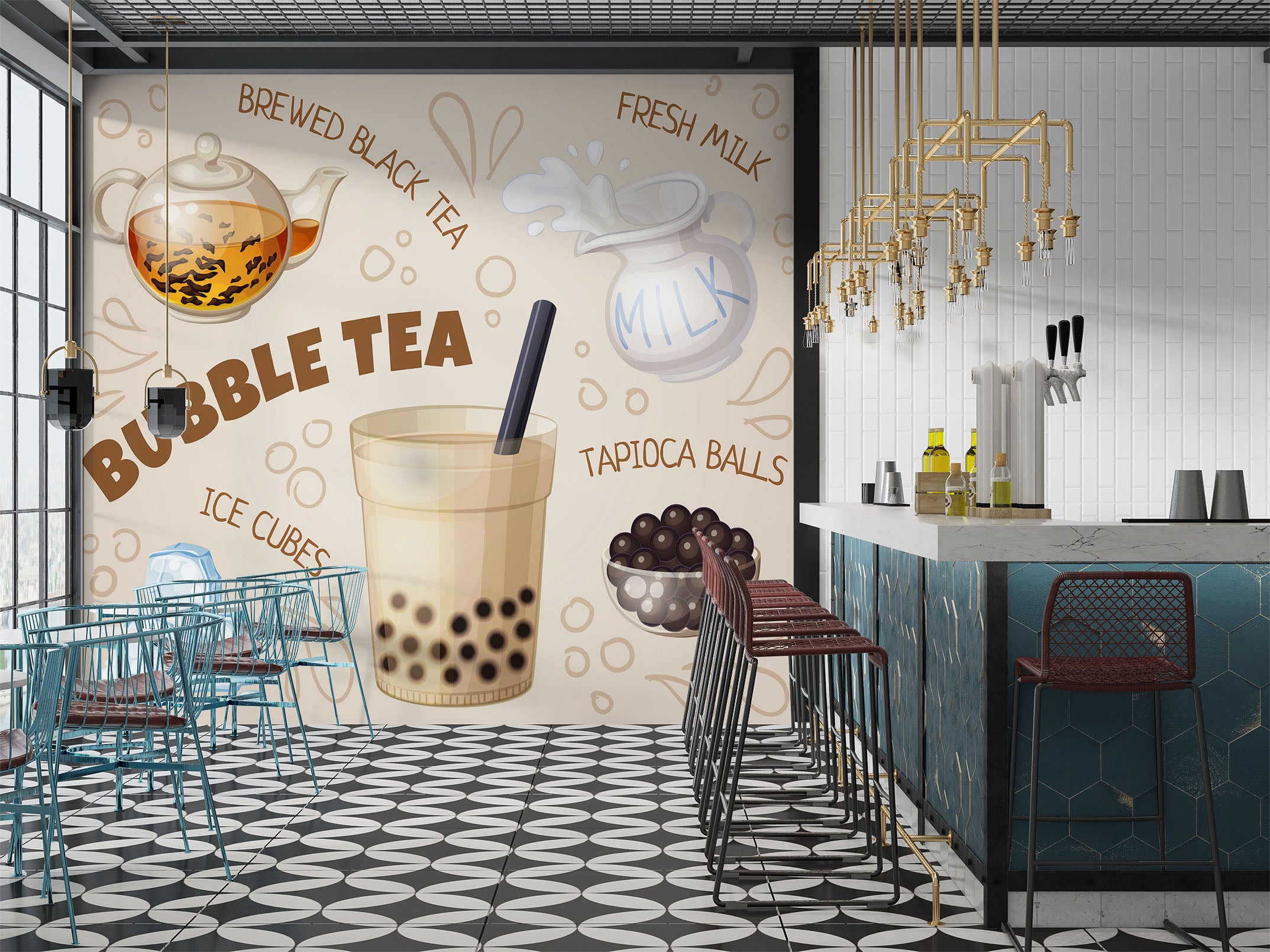 3D Pearl Tea 2056 Fruit Bubble Tea Milk Tea Shop Wall Murals