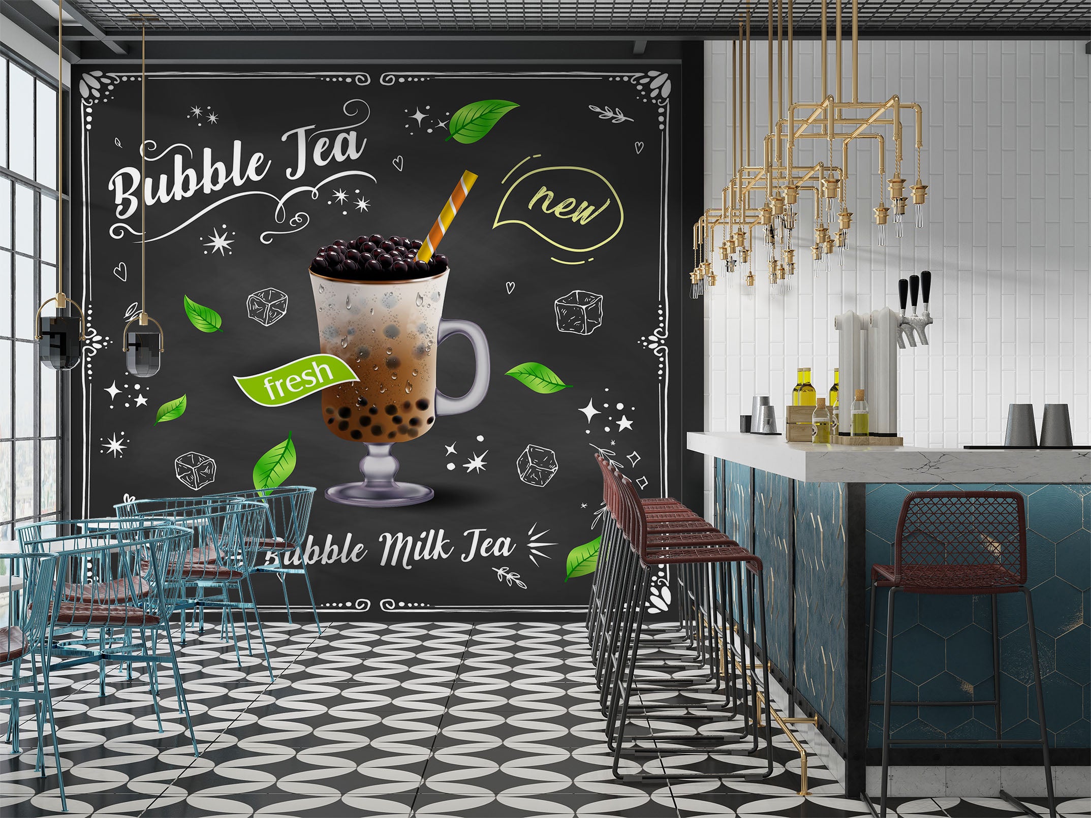 3D Pearl Tea 2078 Fruit Bubble Tea Milk Tea Shop Wall Murals