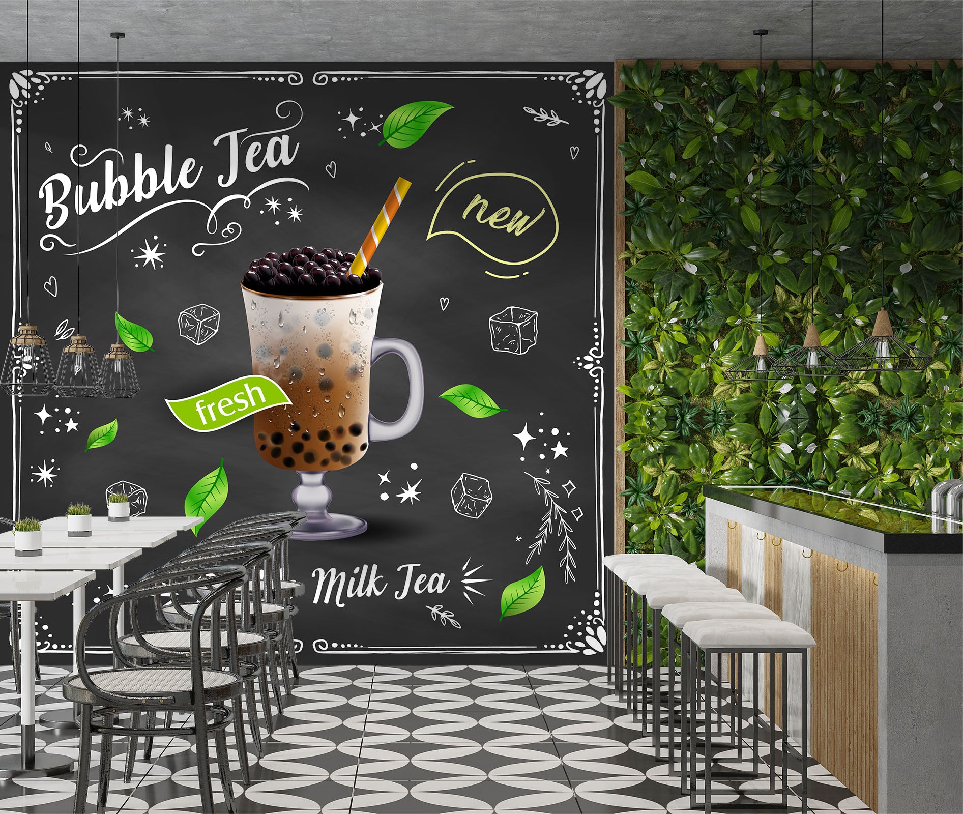 3D Pearl Tea 2078 Fruit Bubble Tea Milk Tea Shop Wall Murals