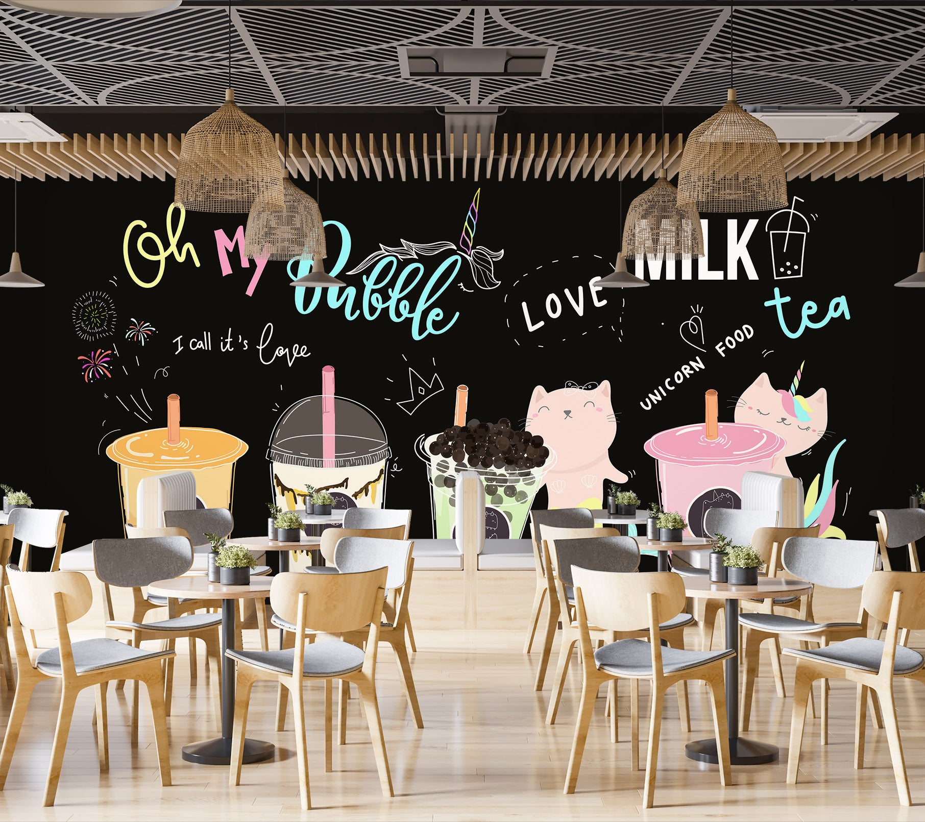 3D Pearl Tea 2054 Fruit Bubble Tea Milk Tea Shop Wall Murals