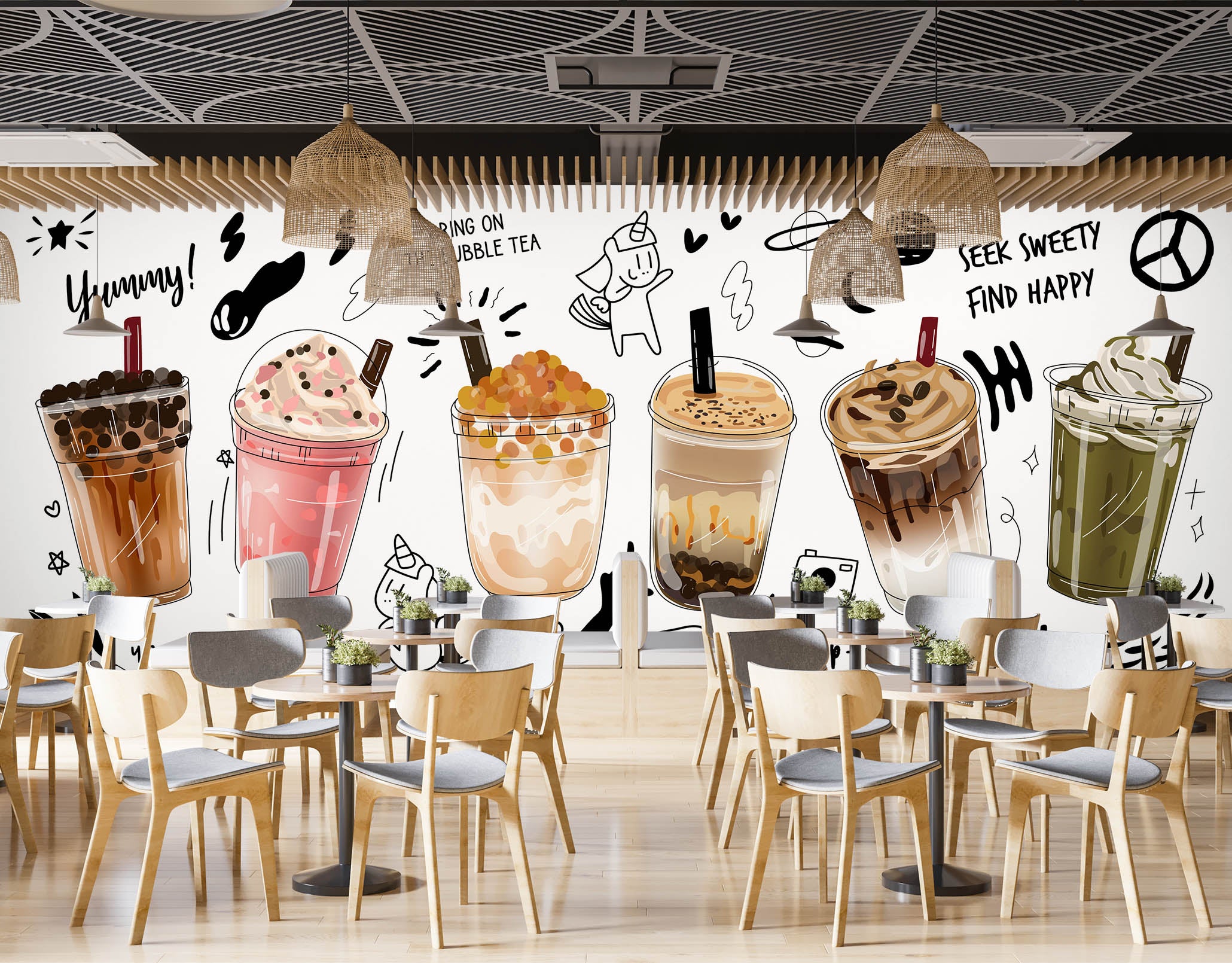 3D Pearl Tea 2060 Fruit Bubble Tea Milk Tea Shop Wall Murals