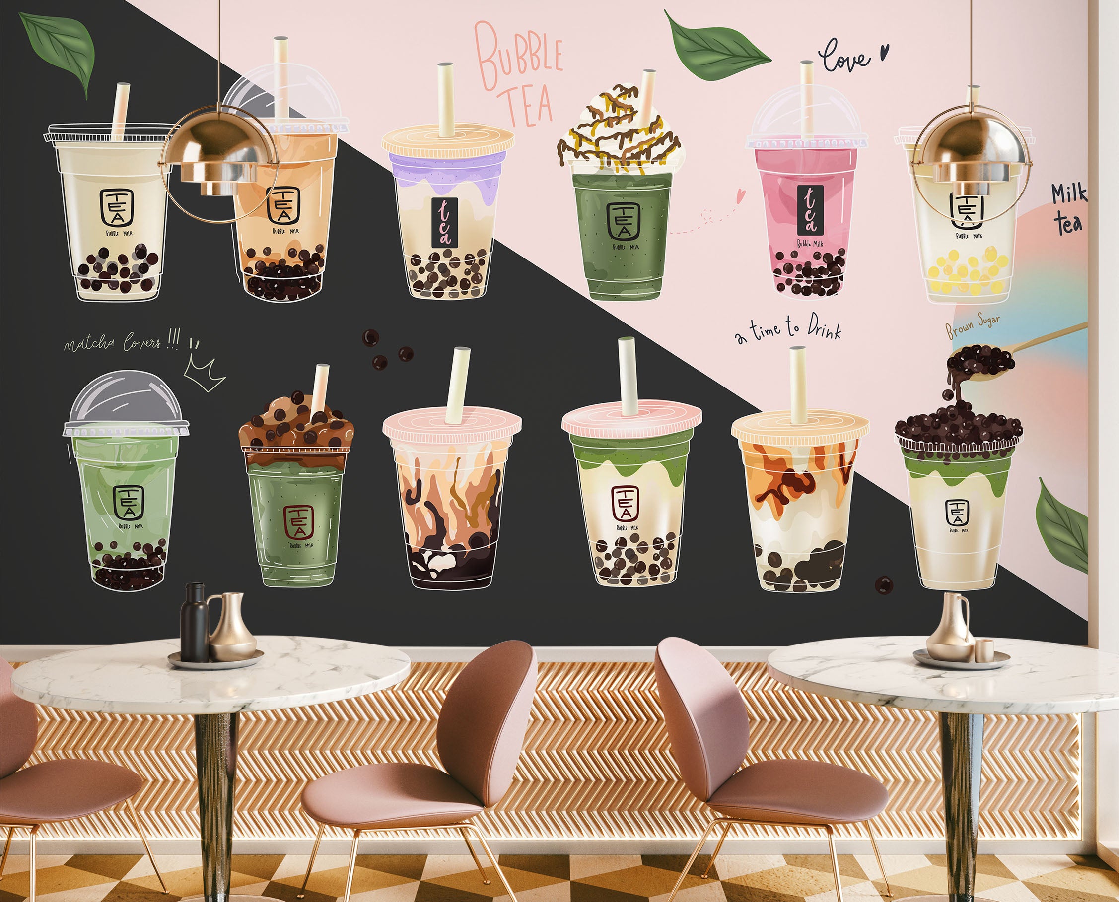 3D Pearl Tea 2065 Fruit Bubble Tea Milk Tea Shop Wall Murals