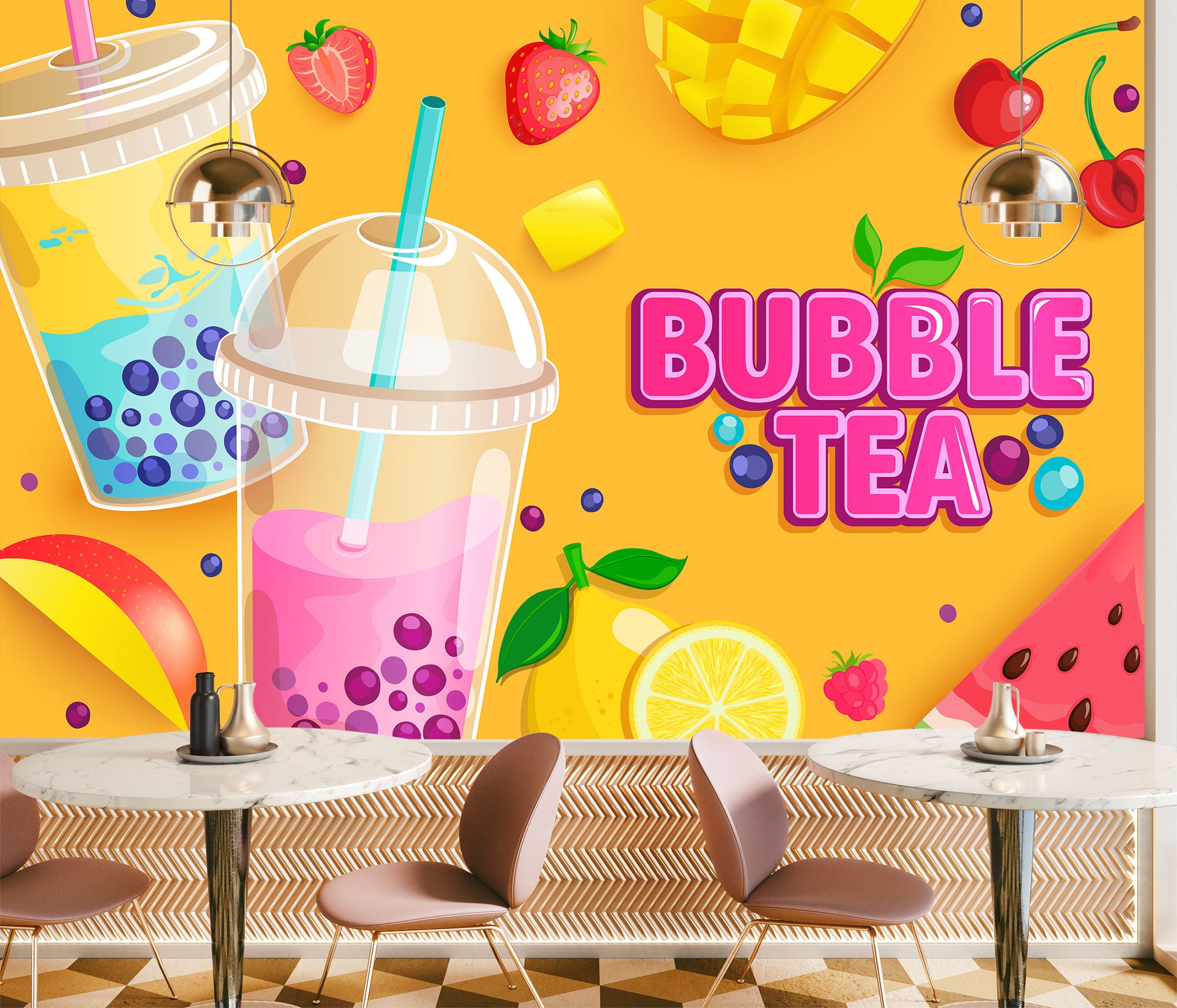 3D Pearl Tea 2068 Fruit Bubble Tea Milk Tea Shop Wall Murals