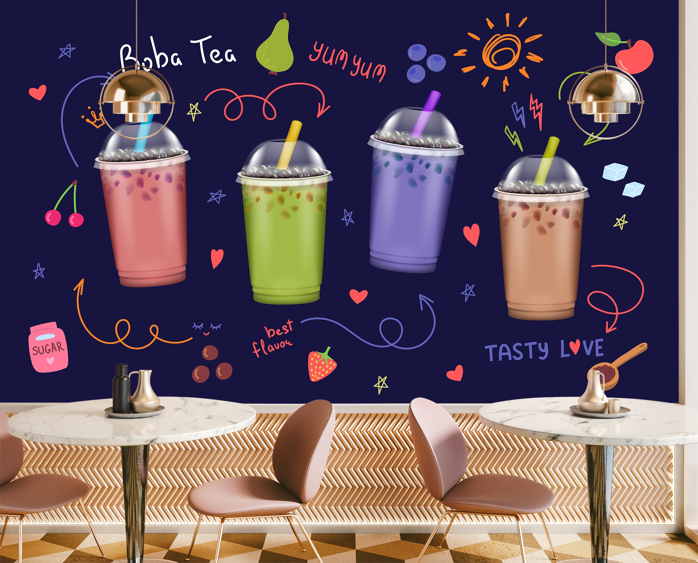 3D Pearl Tea 2081 Fruit Bubble Tea Milk Tea Shop Wall Murals