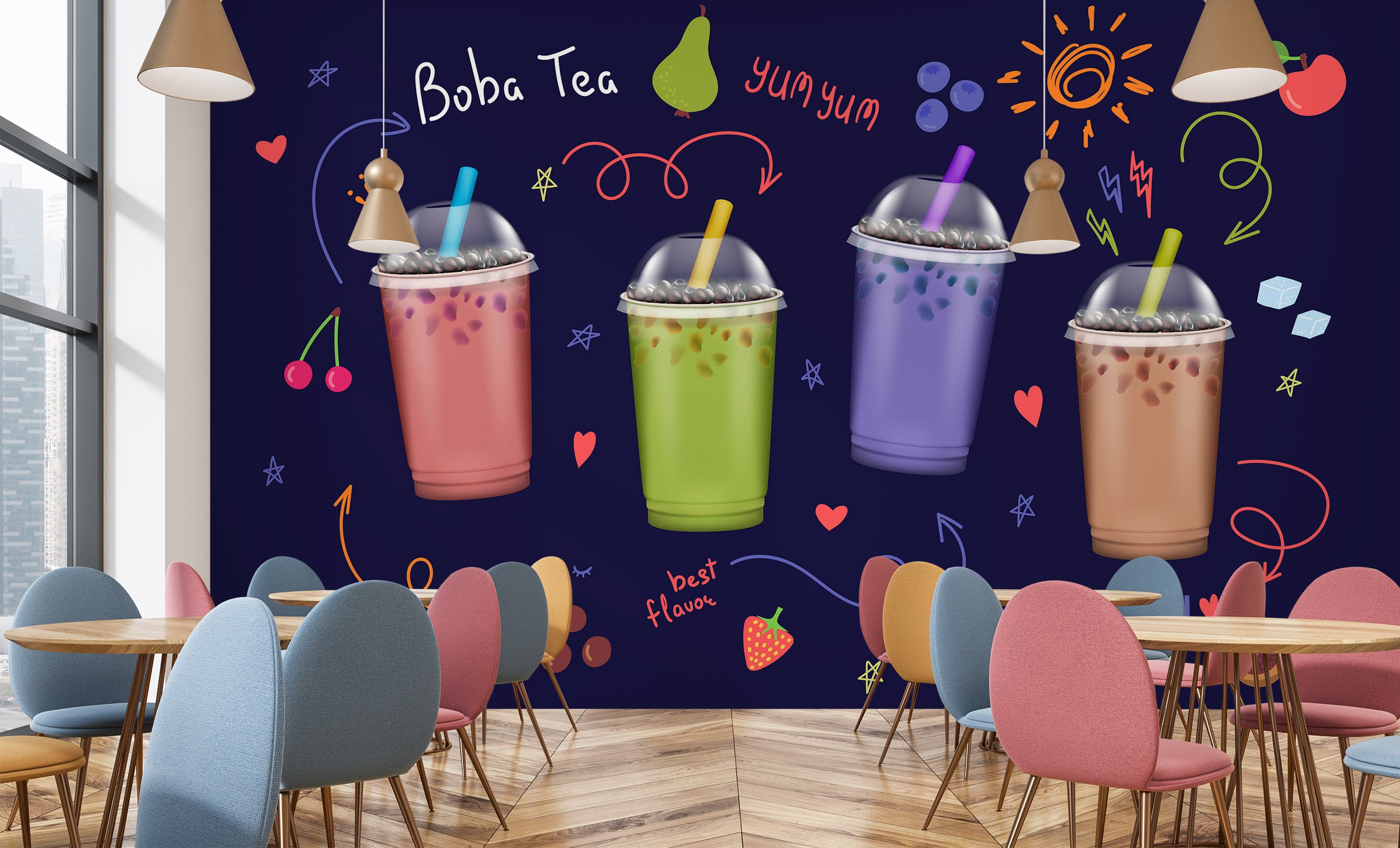 3D Pearl Tea 2081 Fruit Bubble Tea Milk Tea Shop Wall Murals