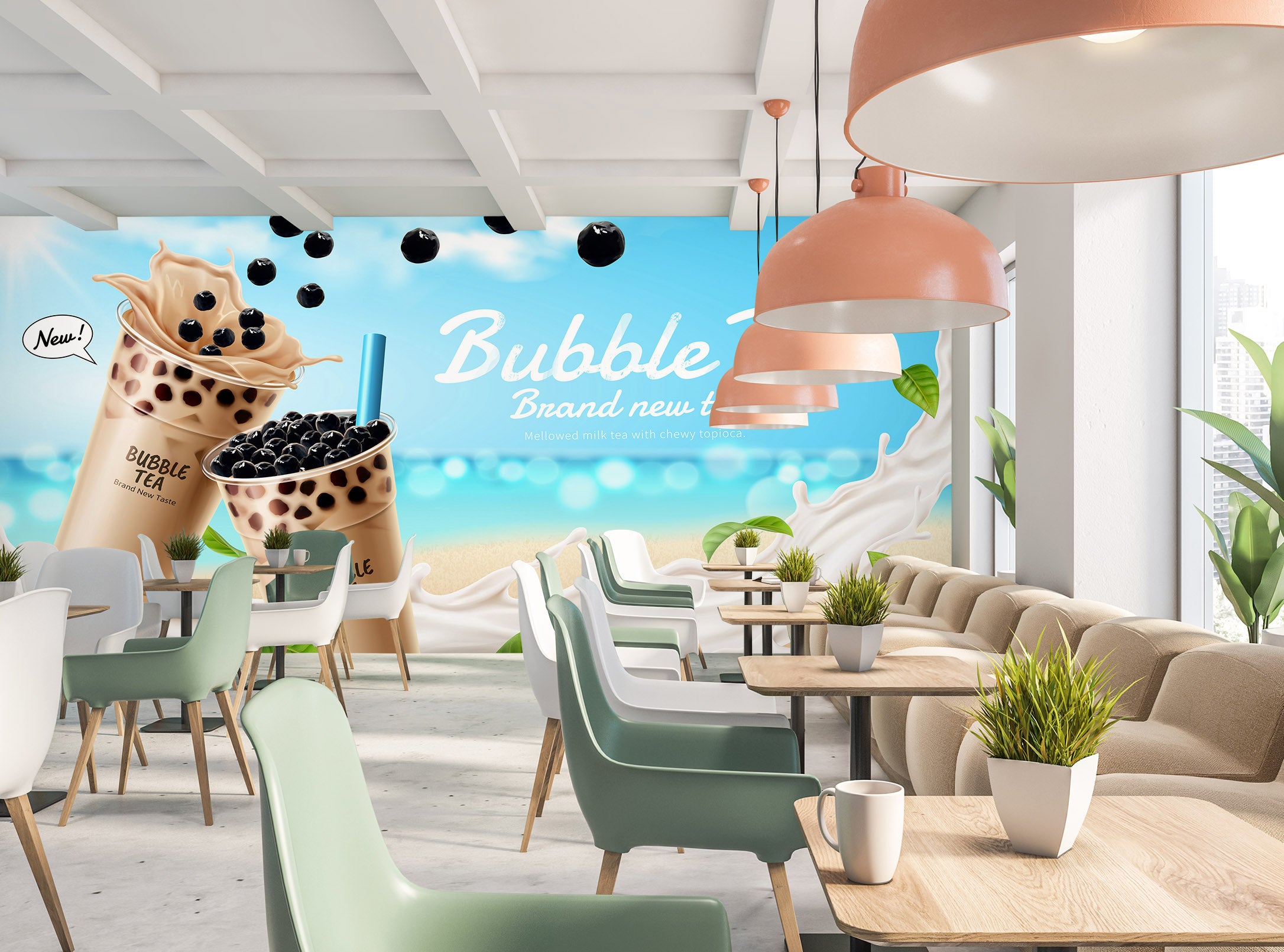 3D Pearl Tea 2048 Fruit Bubble Tea Milk Tea Shop Wall Murals