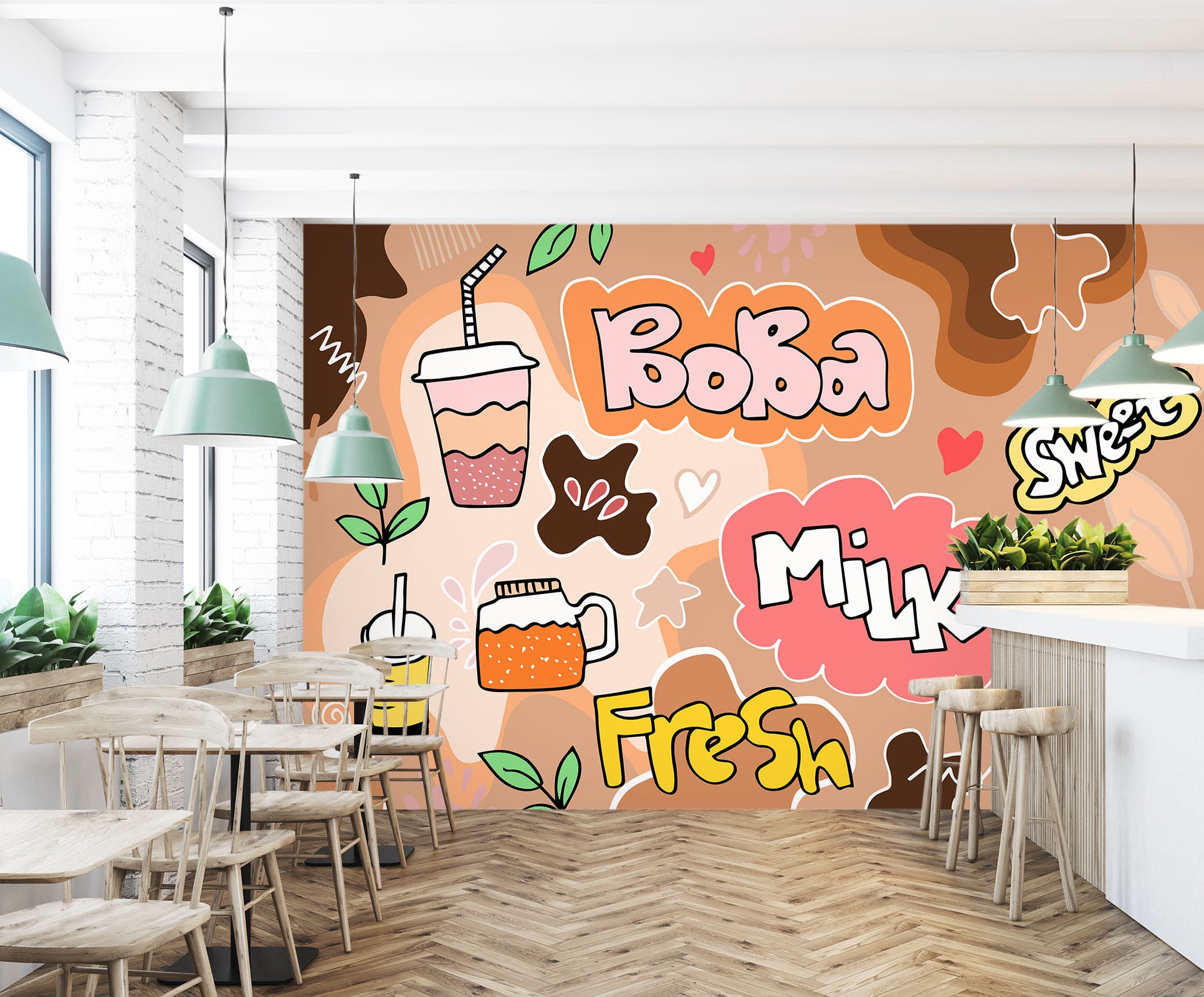 3D Pearl Tea 2072 Fruit Bubble Tea Milk Tea Shop Wall Murals