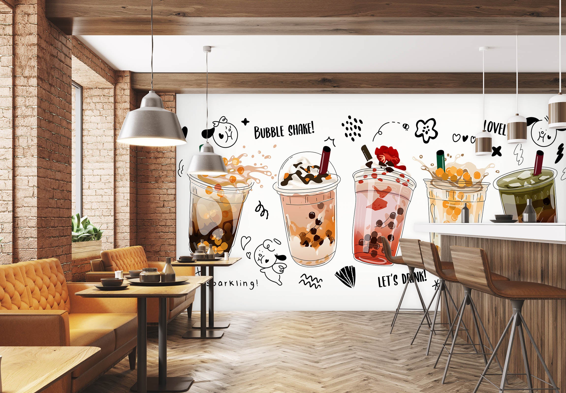 3D Pearl Tea 2071 Fruit Bubble Tea Milk Tea Shop Wall Murals