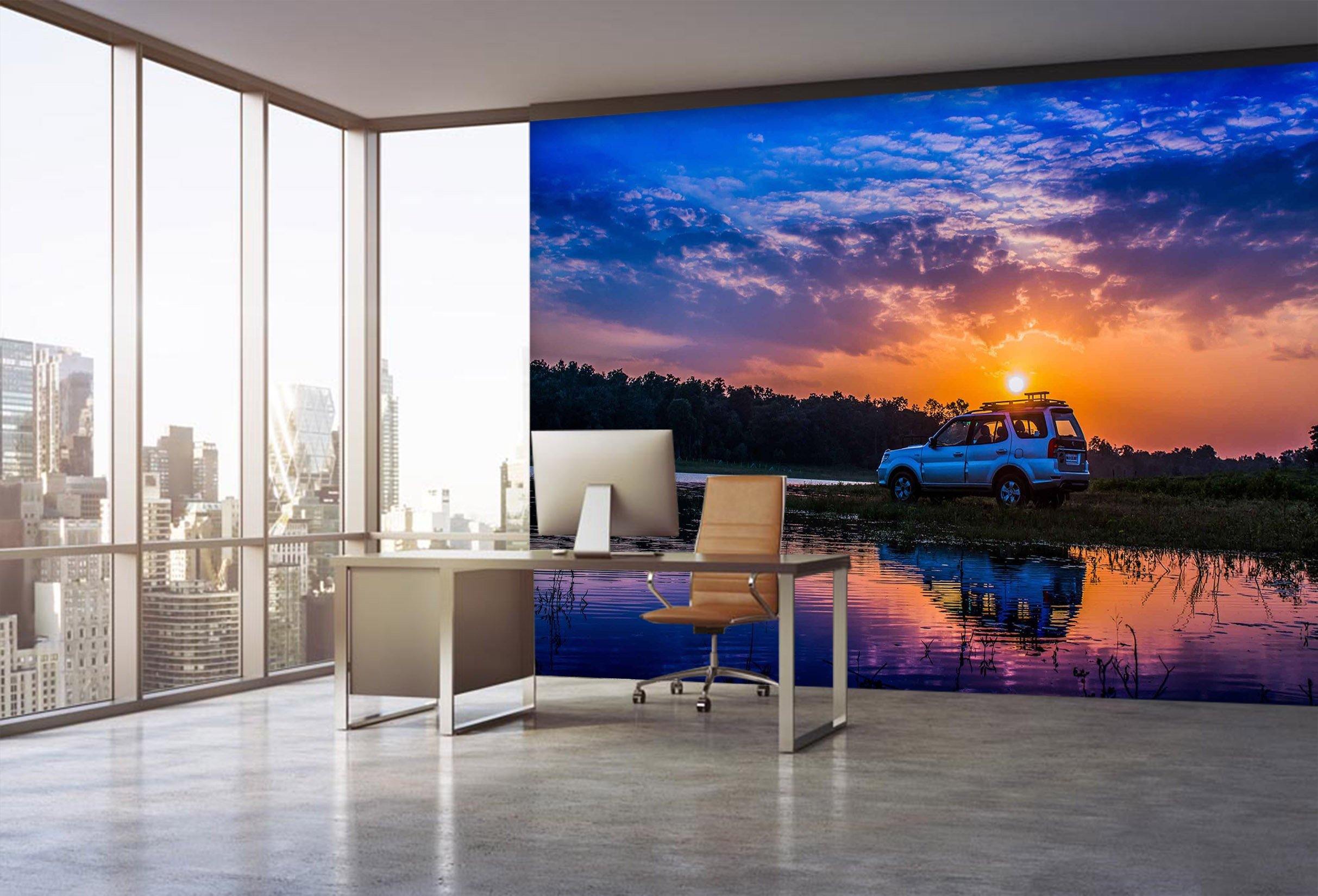 3D Lake Sunset Car 939 Vehicle Wall Murals Wallpaper AJ Wallpaper 2 