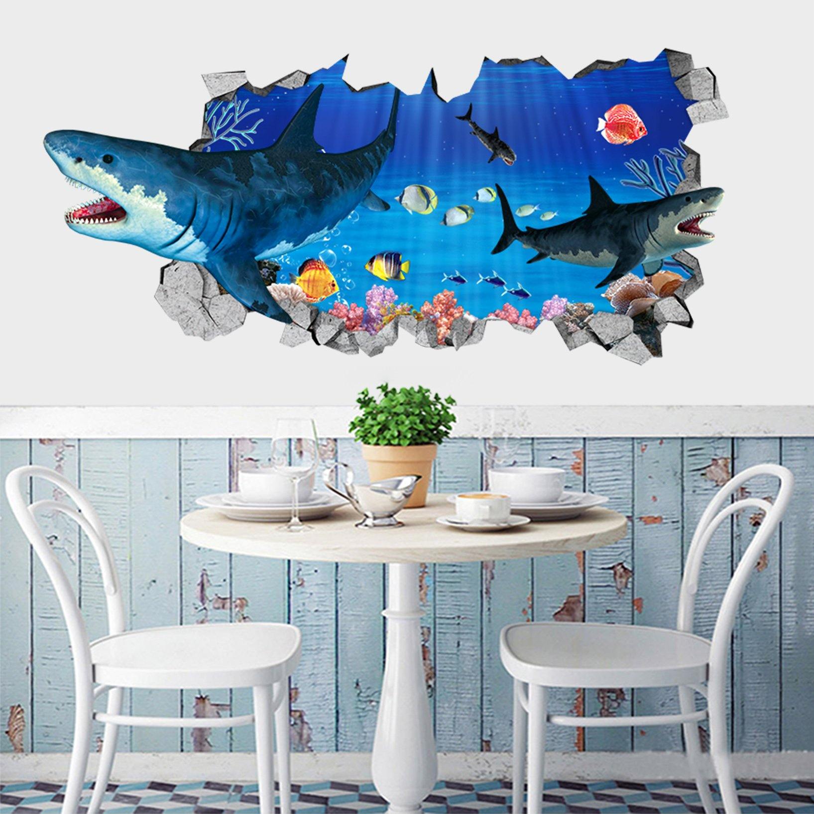 3D Ocean Sharks 105 Broken Wall Murals Wallpaper AJ Wallpaper 