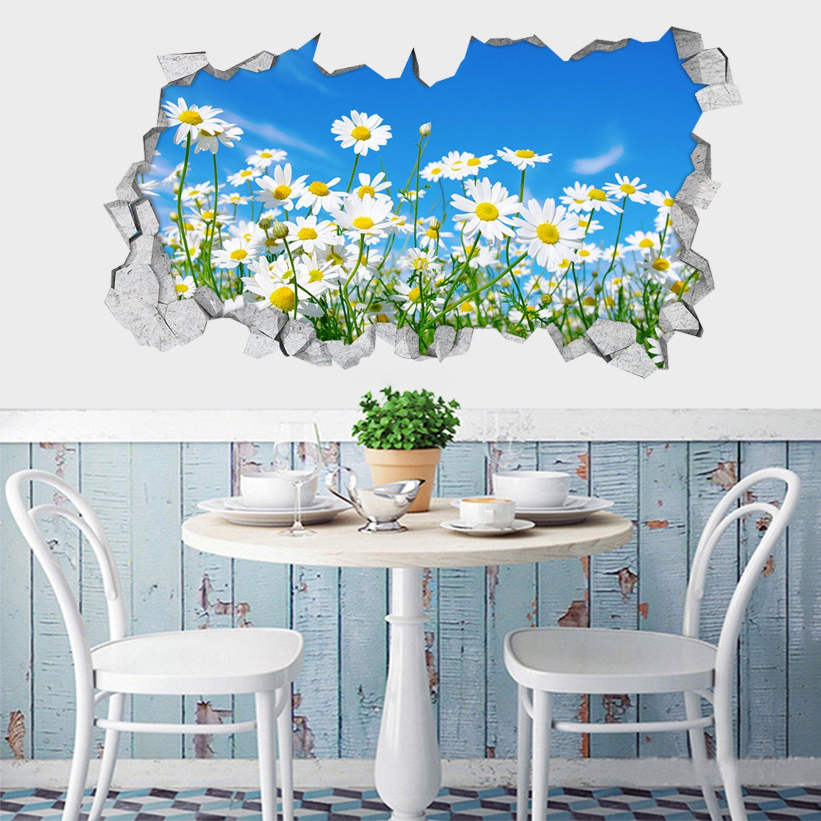 3D Flowers Field Blue Sky 399 Broken Wall Murals Wallpaper AJ Wallpaper 