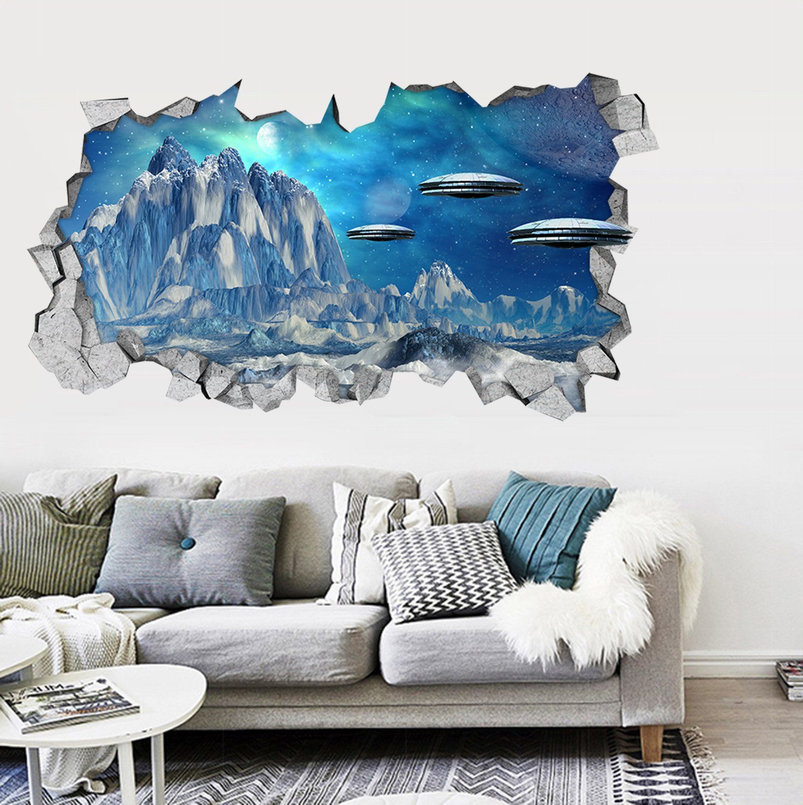 3D Mountains UFO 162 Broken Wall Murals Wallpaper AJ Wallpaper 