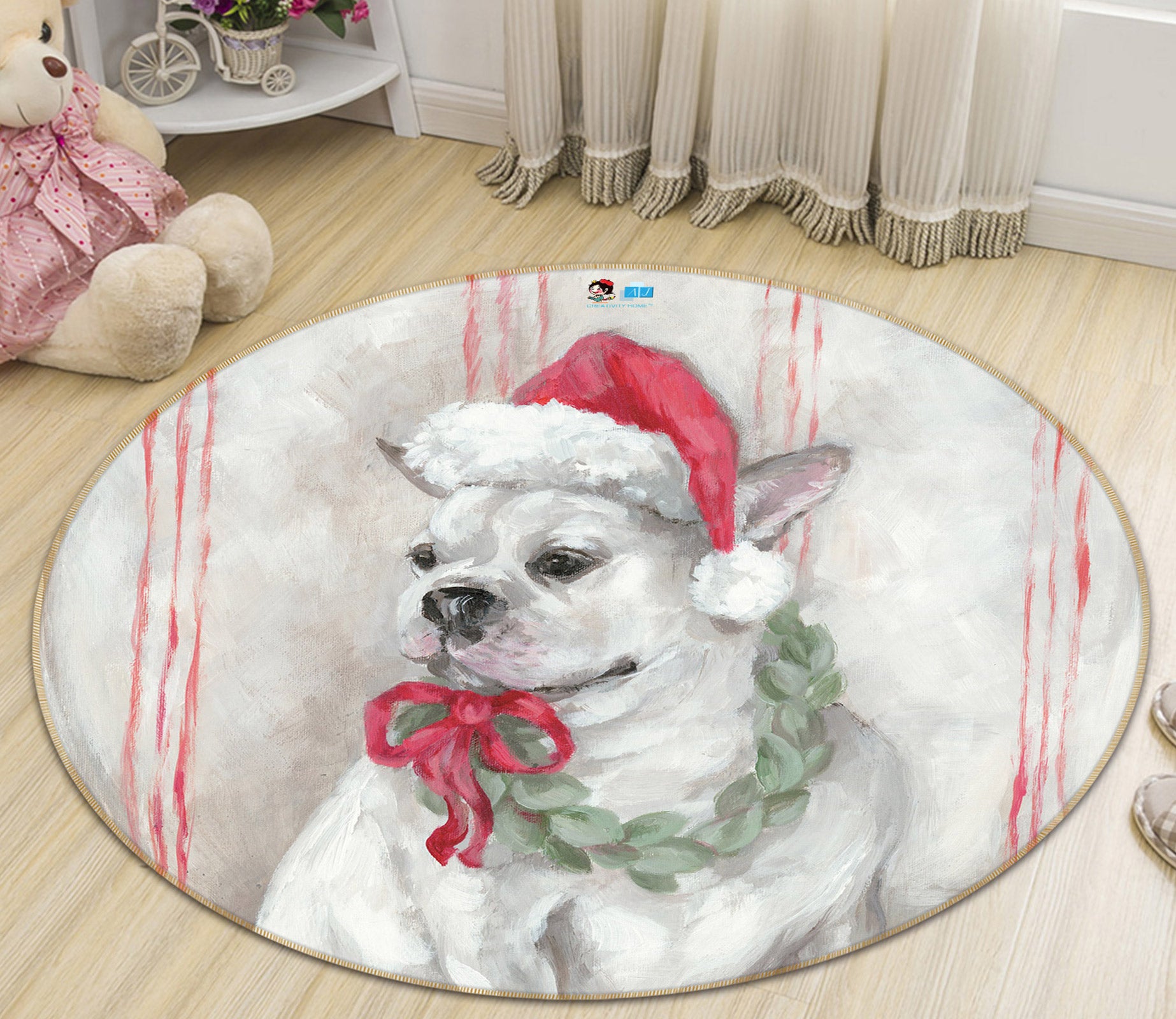 3D Santa Hat Dog 1160 Debi Coules Rug Round Non Slip Rug Mat