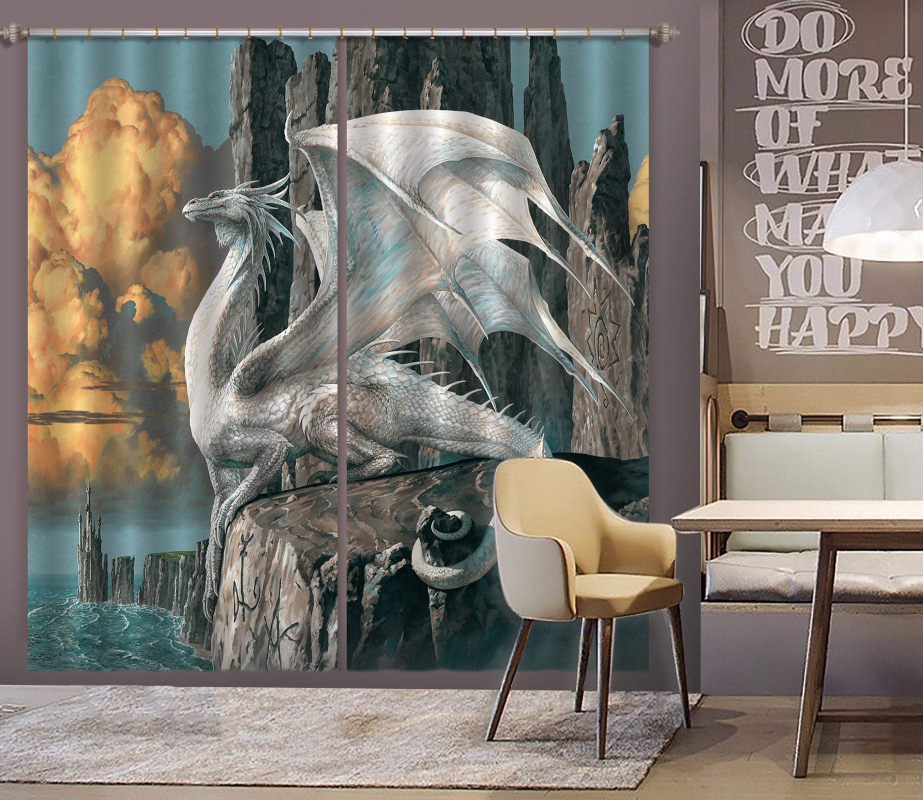 3D White Big Dragon 7201 Ciruelo Curtain Curtains Drapes