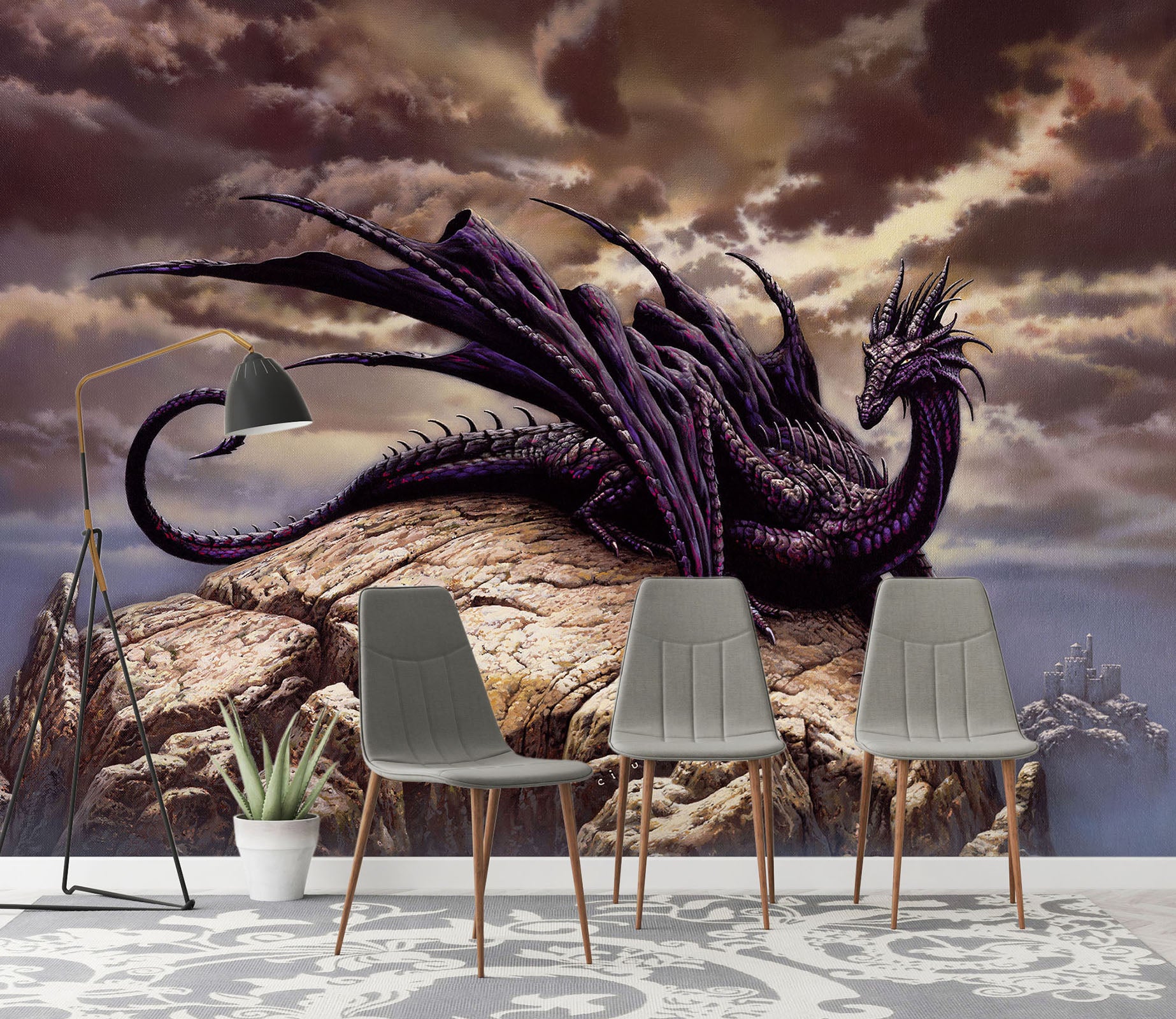 3D Stone Cloud Dragon 7052 Ciruelo Wall Mural Wall Murals