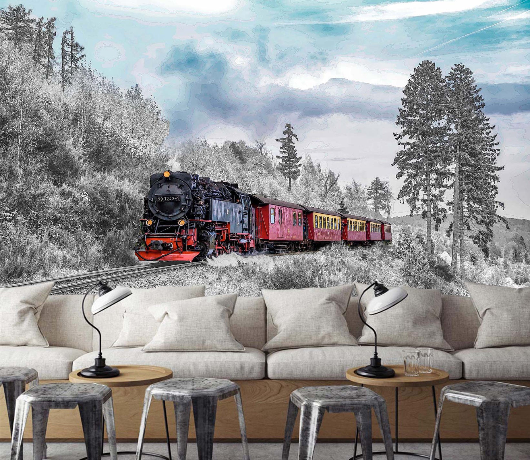 3D Snow Trees Train 91106 Alius Herb Wall Mural Wall Murals