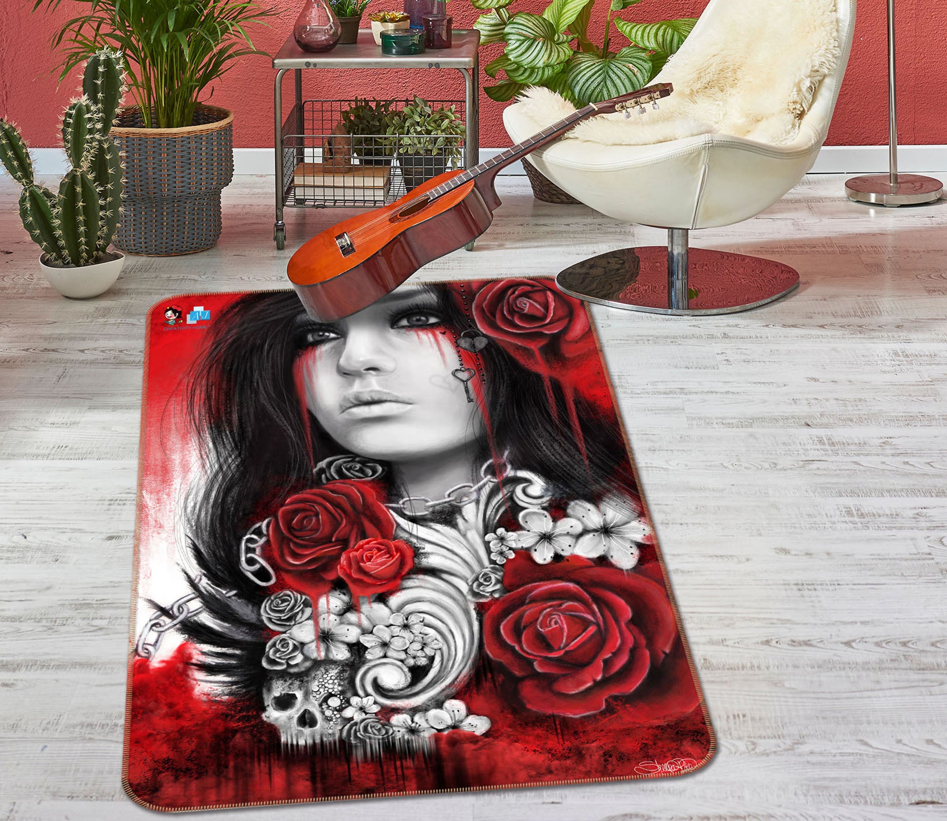 3D Rose Skull Woman 8548 Sheena Pike Rug Non Slip Rug Mat