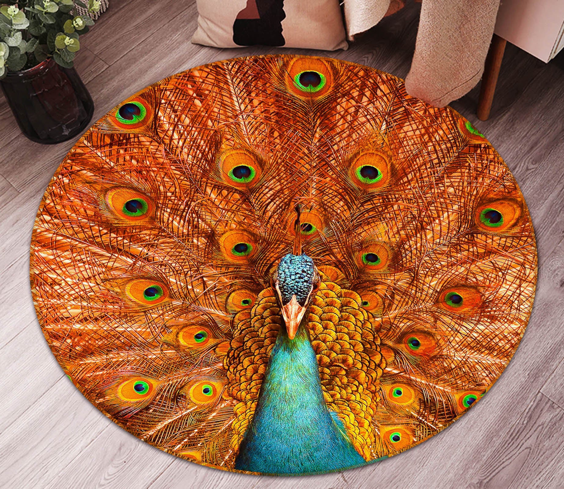 3D Peacock 37197 Animal Round Non Slip Rug Mat