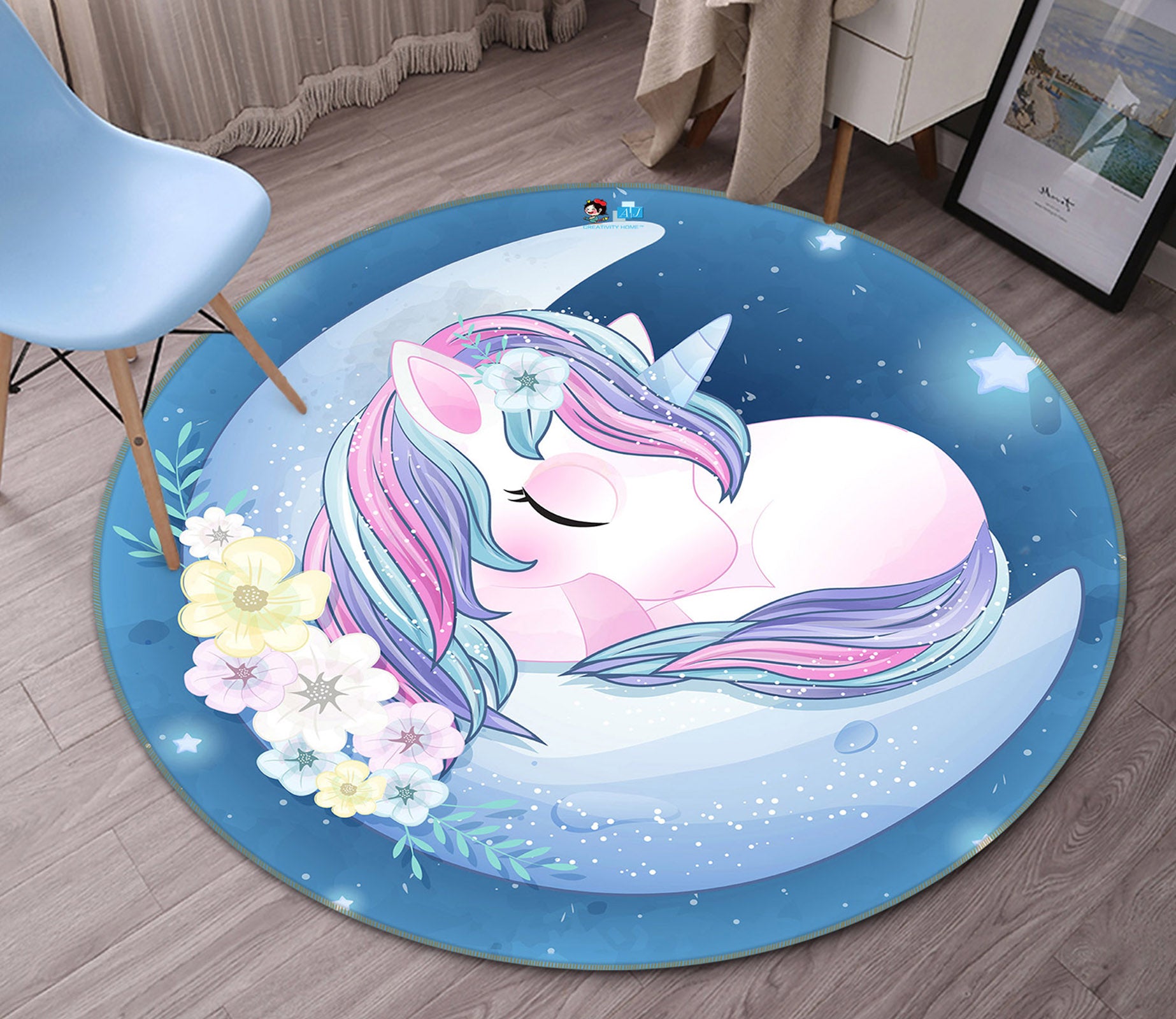 3D Moon Unicorn 75021 Round Non Slip Rug Mat