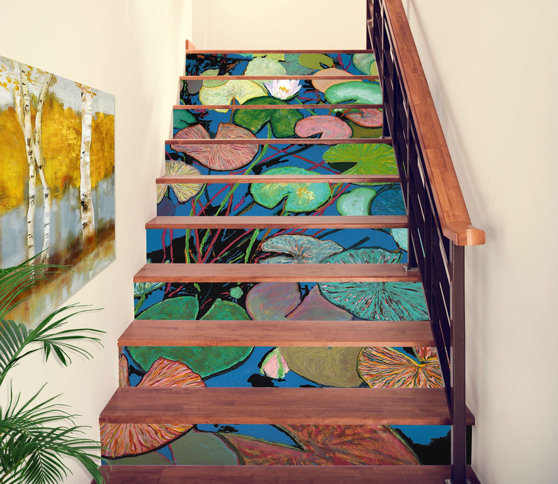 3D Green Brown Lotus Leaf Painting 90144 Allan P. Friedlander Stair Risers