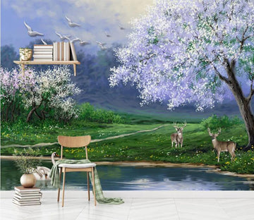 3D Lake Swan Deer WC736 Wall Murals