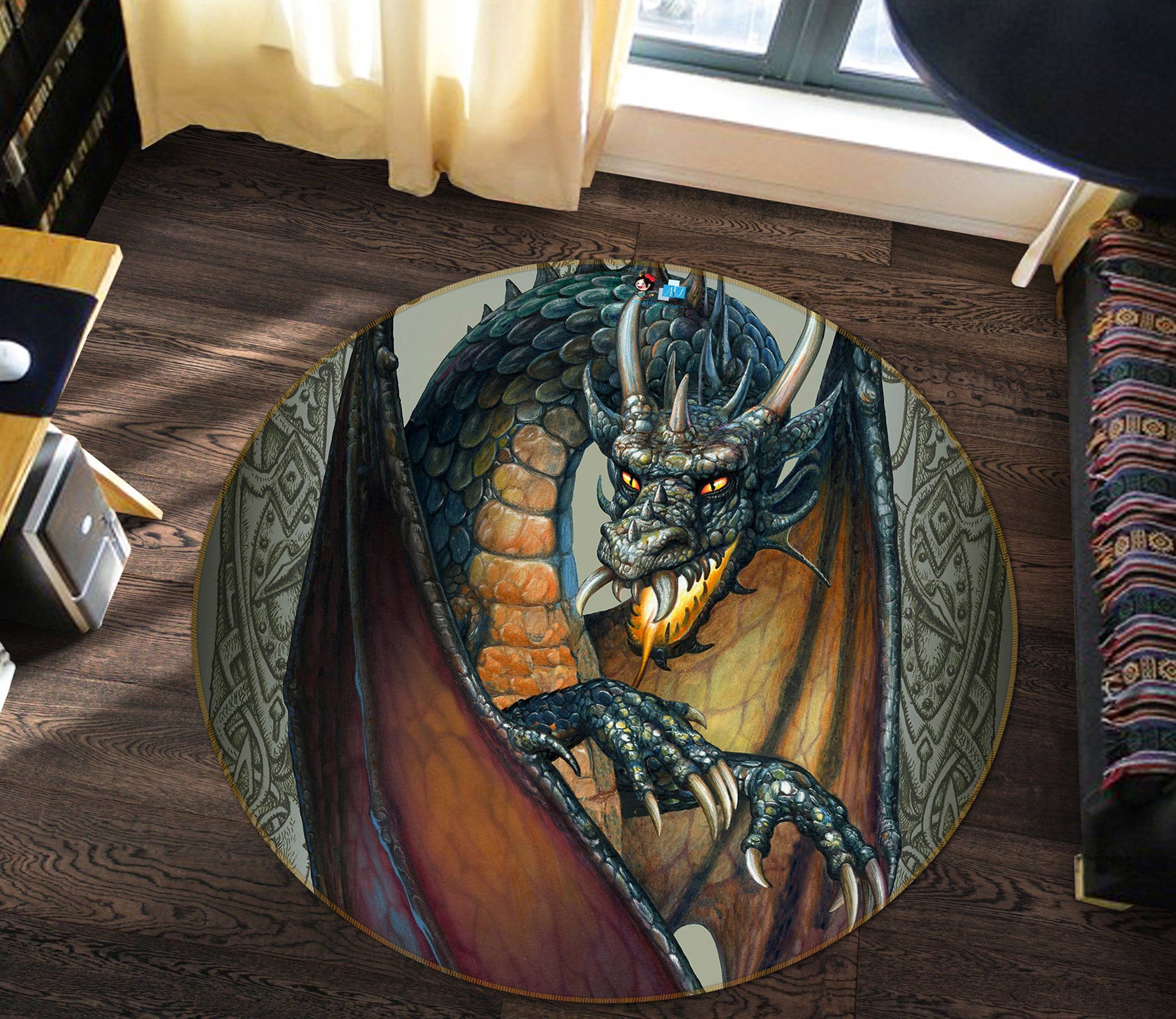 3D Dragon 6061 Ciruelo Rug Round Non Slip Rug Mat