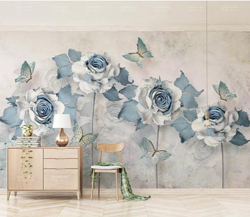 3D Blue Rose Butterfly WC385 Wall Murals