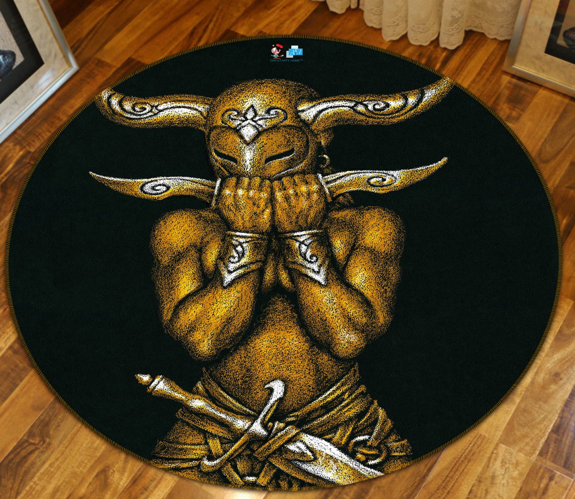 3D Metallic Horn Mask Man 6108 Ciruelo Rug Round Non Slip Rug Mat