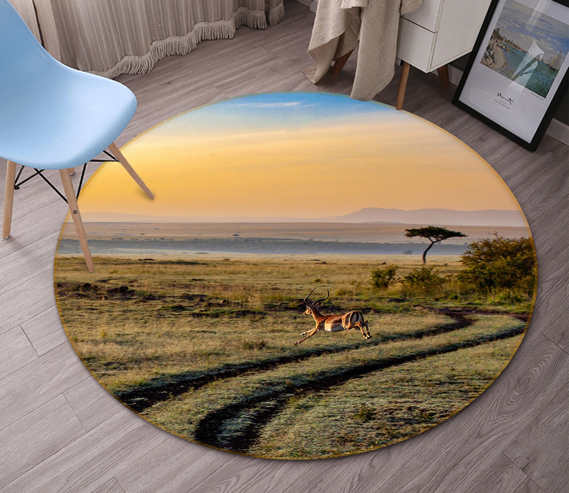 3D Road Antelope 82200 Animal Round Non Slip Rug Mat