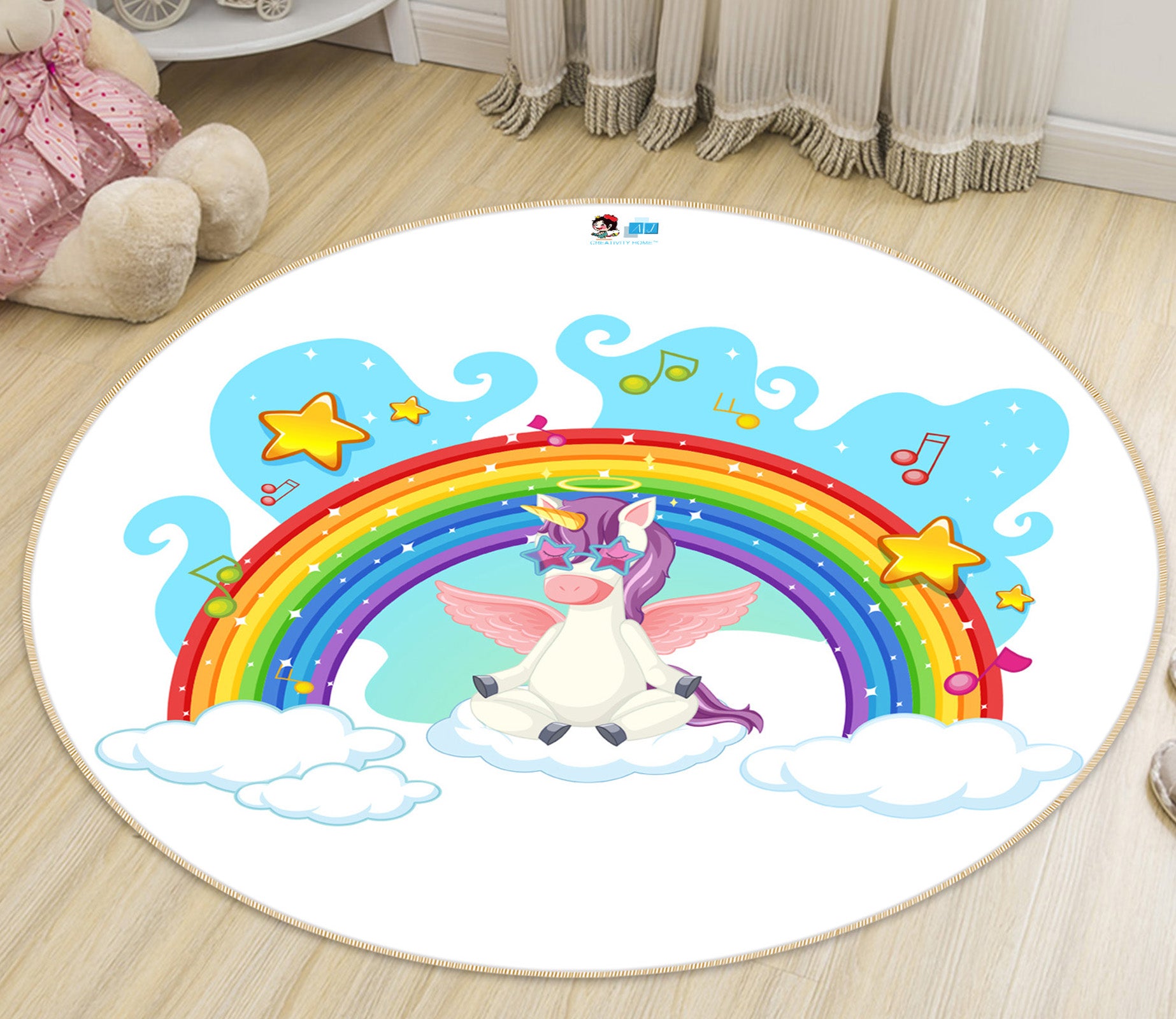 3D Rainbow Cloud Unicorn 81118 Round Non Slip Rug Mat