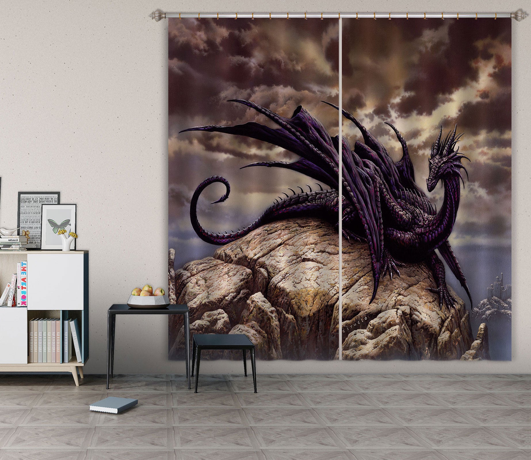 3D Stone Black Dragon 7187 Ciruelo Curtain Curtains Drapes