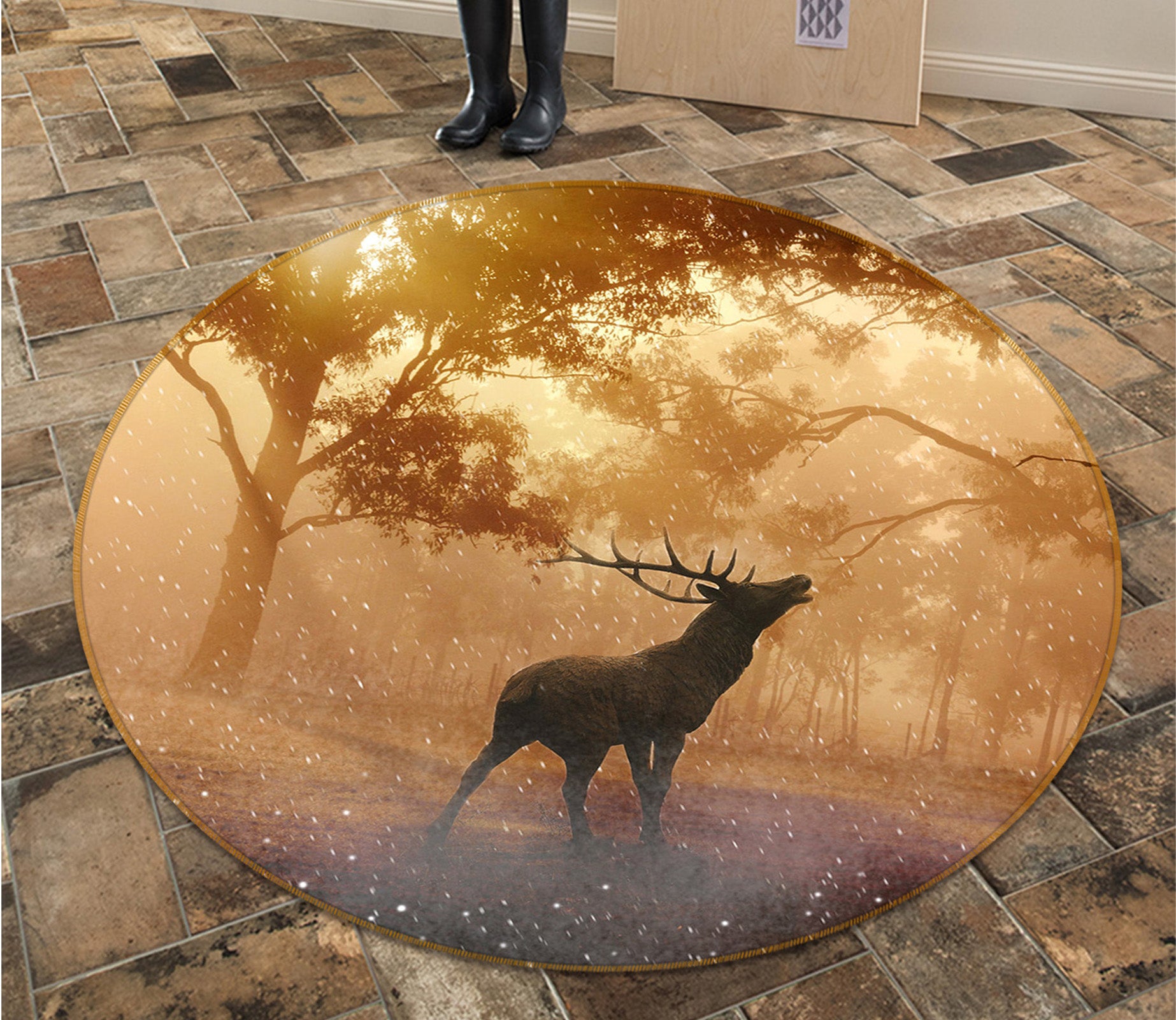 3D Trees Deer 82232 Animal Round Non Slip Rug Mat