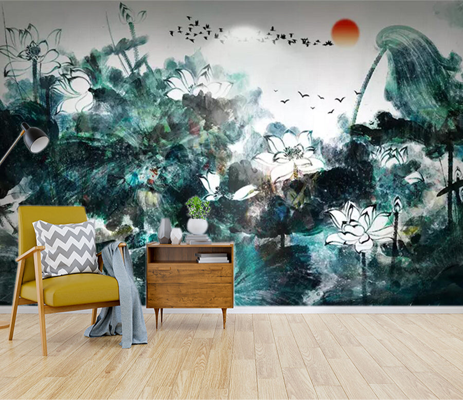 3D Green Ink Lotus WC408 Wall Murals