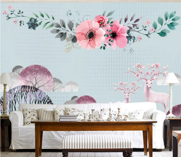 3D Pink Deer Flower WC304 Wall Murals