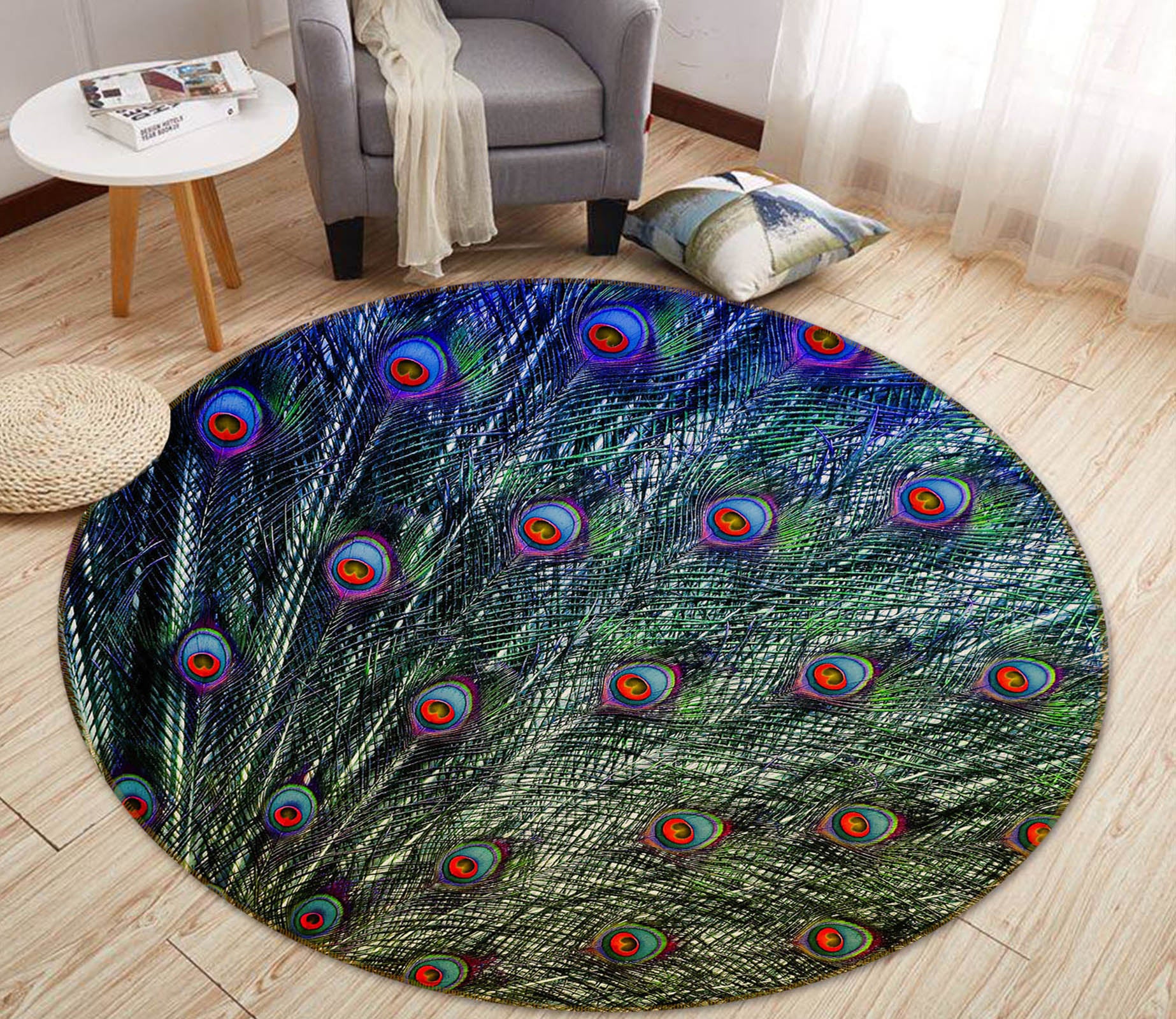 3D Peacock Feather 82039 Animal Round Non Slip Rug Mat