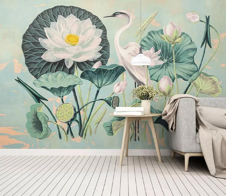 3D White Crane Lotus WC662 Wall Murals