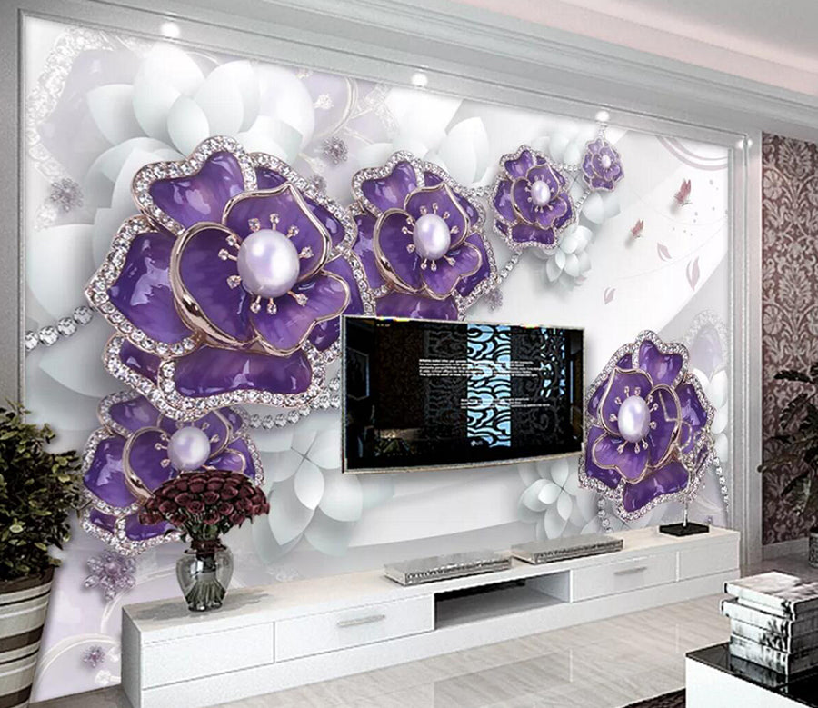 3D Purple Pearl Flower WC384 Wall Murals