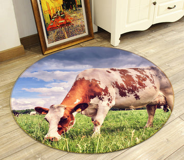 3D Cow Eating Grass 38025 Animal Round Non Slip Rug Mat