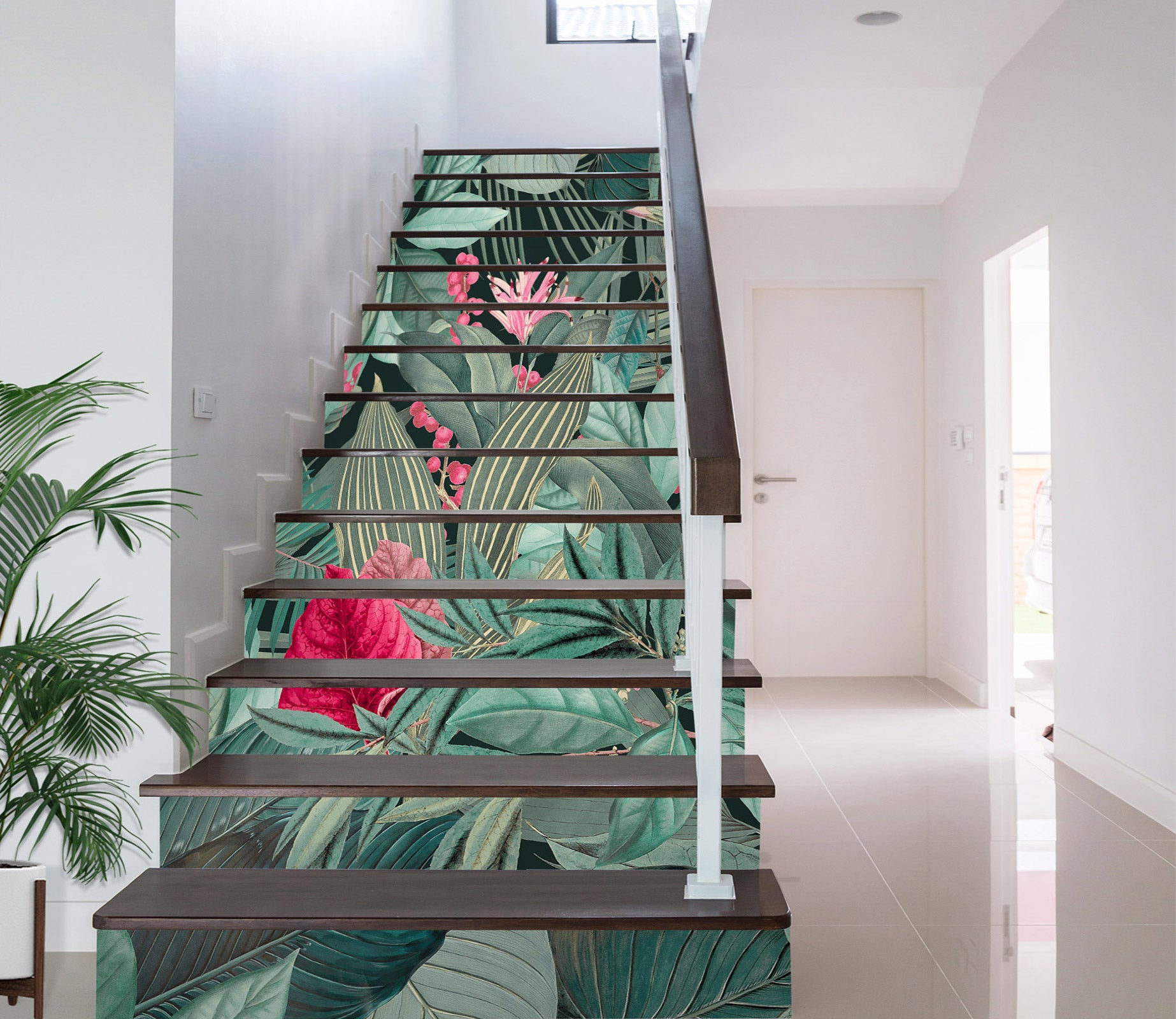 3D Green Pink Leaves 10449 Andrea Haase Stair Risers