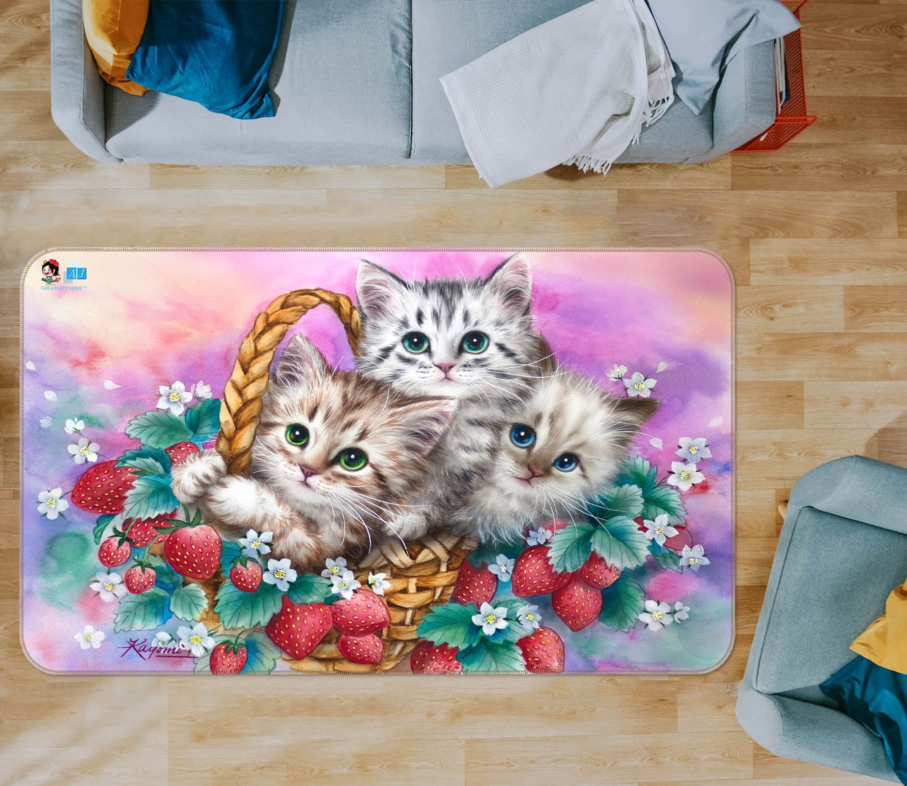 3D Strawberry Cat 5635 Kayomi Harai Rug Non Slip Rug Mat