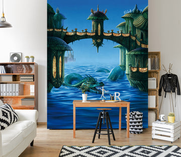 3D Blue River Dragon Bridge 7100 Ciruelo Wall Mural Wall Murals