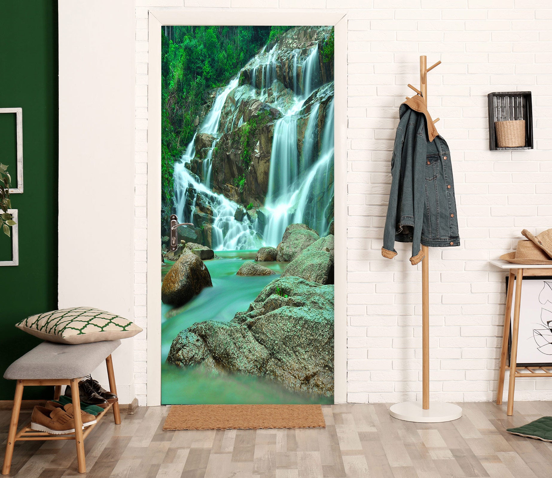 3D Green Waterfall 029 Door Mural