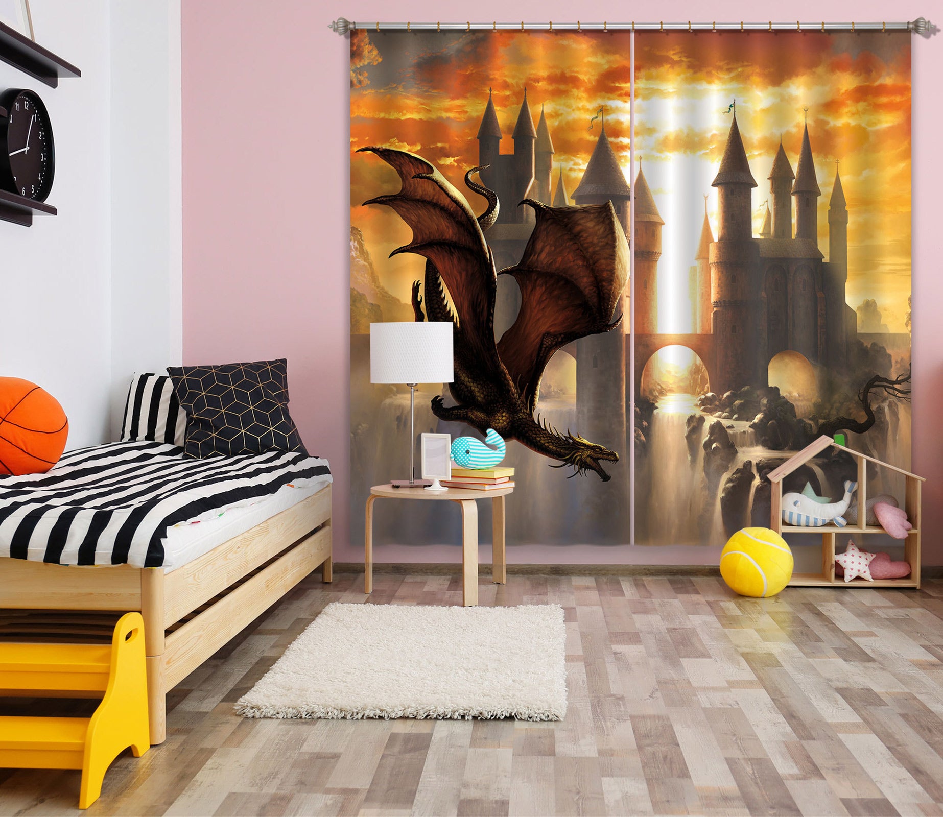 3D Sunset Castle Dragon 7203 Ciruelo Curtain Curtains Drapes