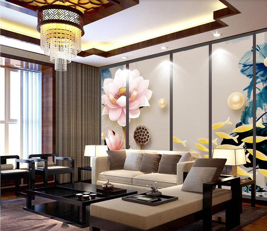 3D Golden Pearl Lotus WC520 Wall Murals