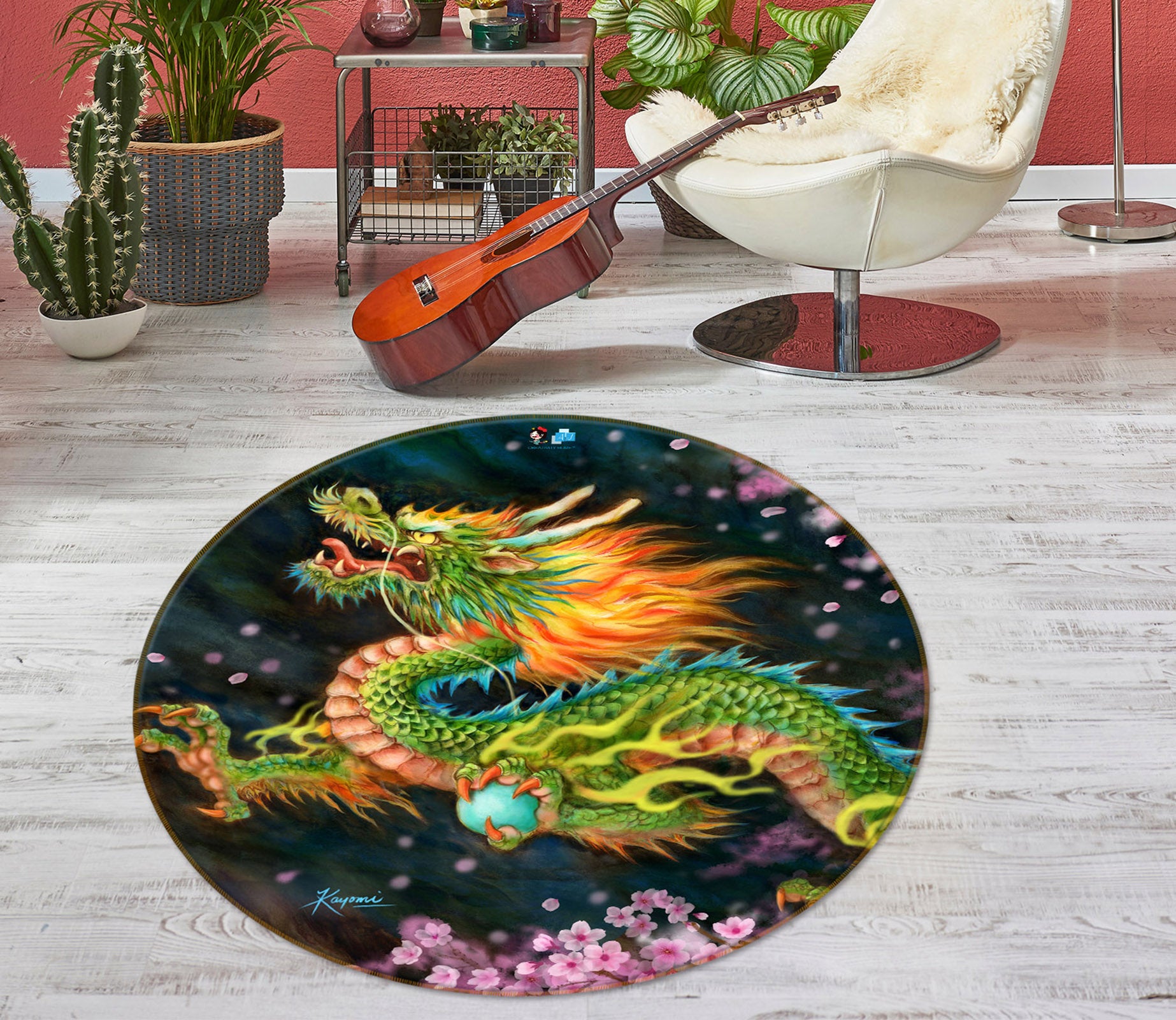 3D Peach Blossom Dragon 6025 Kayomi Harai Rug Round Non Slip Rug Mat