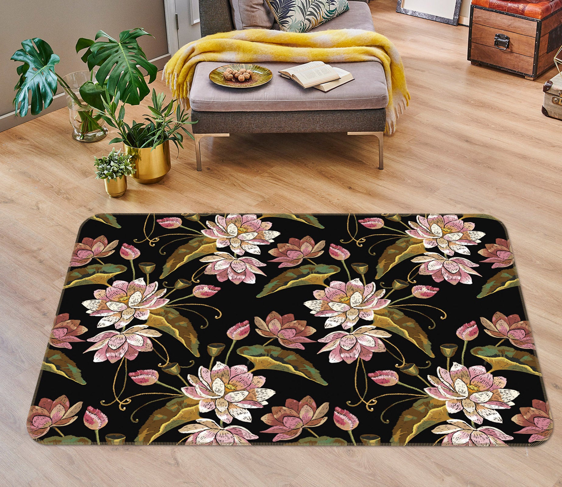 3D Lotus On Black 25224 Non Slip Rug Mat