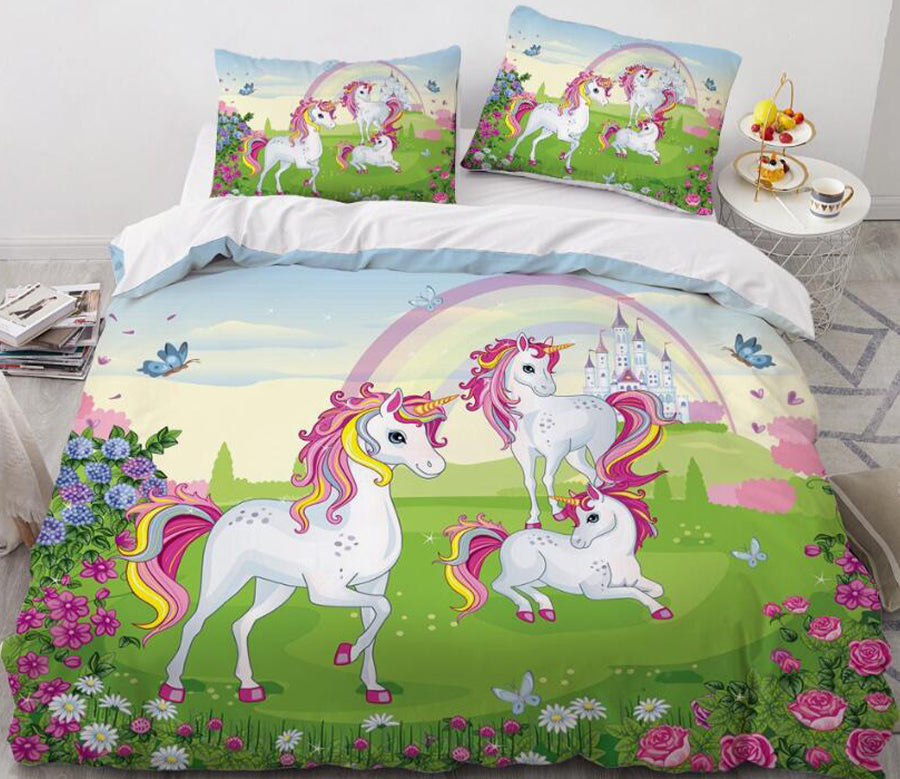 3D Unicorn Grass Flower Bush 152 Bed Pillowcases Quilt